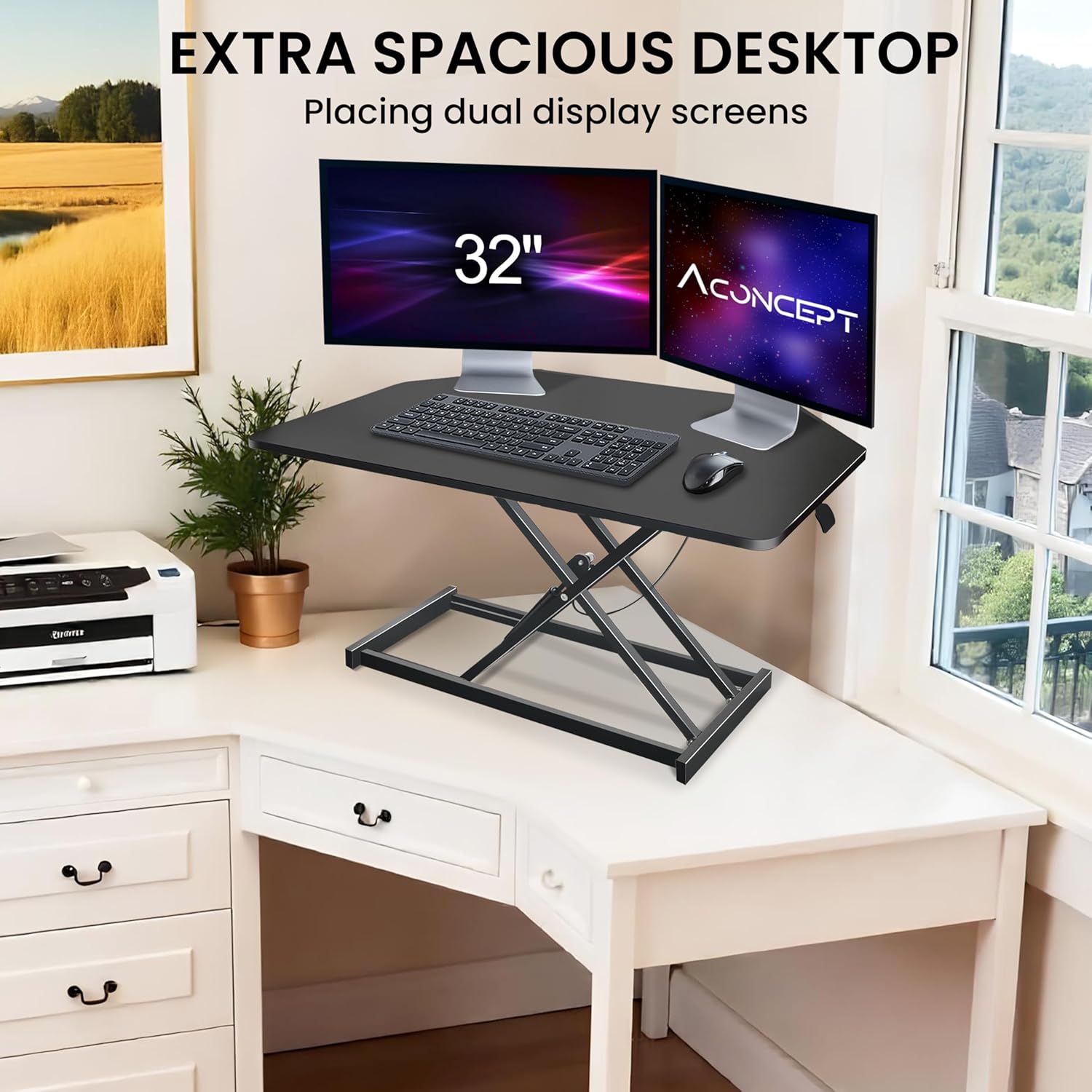Aconcept 32 inch Black Corner Height Adjustable Standing Desk Converter, One-Click Sit to Stand up Desk Riser, Pre-Assembled for Dual Monitor and Laptop Workstation