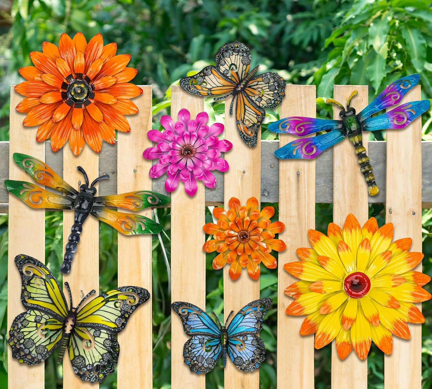 Orgthin 9 Pack 9.9" Metal Butterfly Dragonfly Flower Wall Decor, Fence Wall Art Decor, Hanging Decoration for Garden Yard Living Room Bedroom Patio Balcony