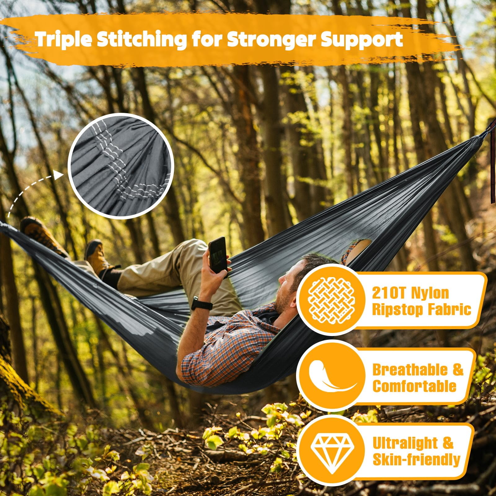 NTUREFUN Amaca da Campeggio da Viaggio Ultraleggera | Capacità di Carico 300kg,(275 x140 cm) Traspirante,Nylon da Paracadute ad Asciugatura Rapida | 2 x Moschettoni, 2 x Corde in Nylon Incluse