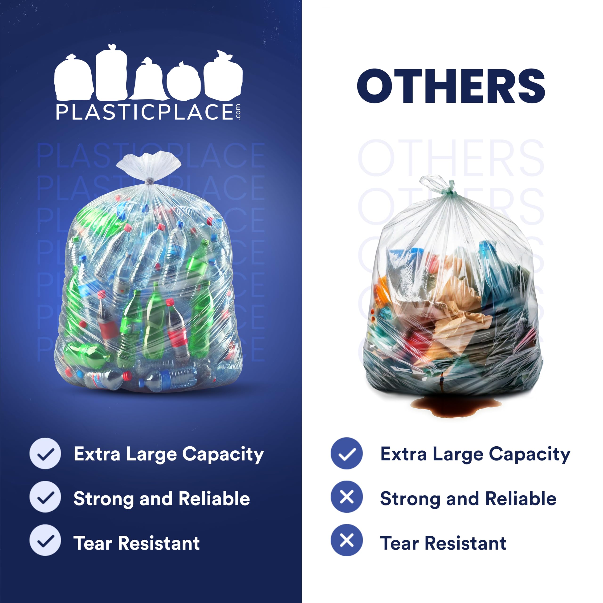 Plasticplace Worki na śmieci, przezroczyste worki na śmieci o wysokiej gęstości, wytrzymałe, bez zapachu, duże wkładki do pojemników na śmieci do kuchni, komercyjnego i ogrodu, 16 mikronów, szczelne