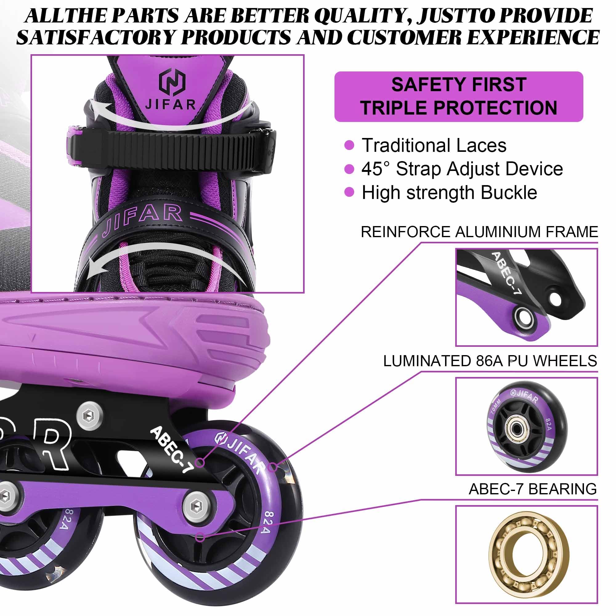 6 Sizes Adjustable Inline Skates for Youth and Adults with Full Light Up Wheels, Outdoor Roller Skates for Girls and Boys, Men and Women (Black Purple, Large)