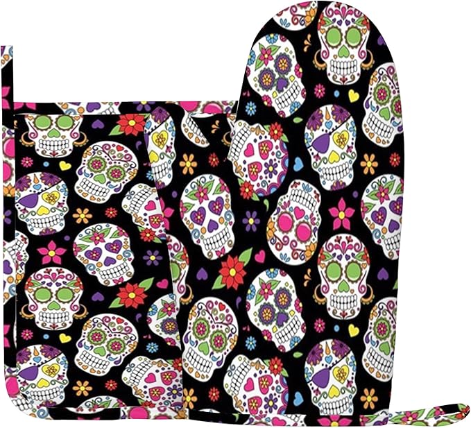 Sugar Skull,Oven Mitts and Pot Holders Sets,Sugar Skull Mexico Design,Silicone Heat Resistant Kitchen Gloves Set,Kitchen Mitts Pot Holders for BBQ Baking,Multicolor,Right Hand