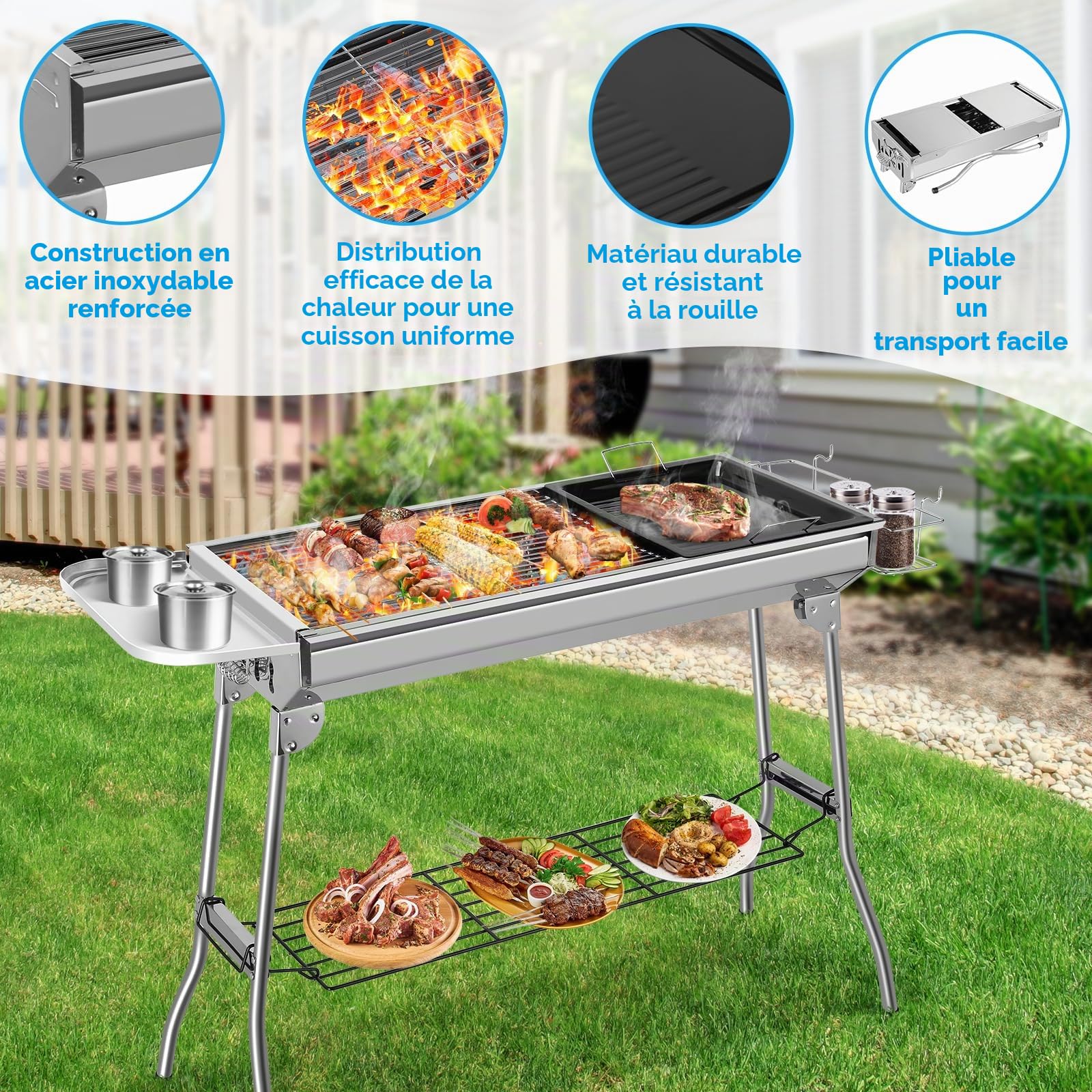 Barbecue à Charbon Pliant Portable, Grill Charbon de Bois XXL, BBQ de Table en Acier Inoxydable, avec Poêle à Frire, pour Barbecue de Jardin, Pique Nique et Camping, 5-10 Personnes, 118 x 33 x 72 cm