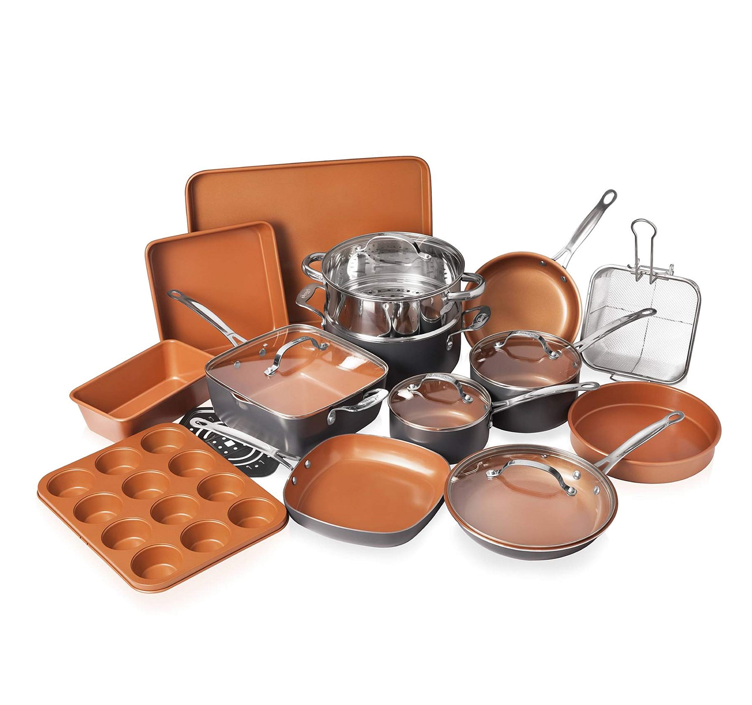 Gotham Steel Cookware + Bakeware Set with Nonstick Durable Ceramic Copper Coating – Includes Skillets, Stock Pots, Deep Sq...
