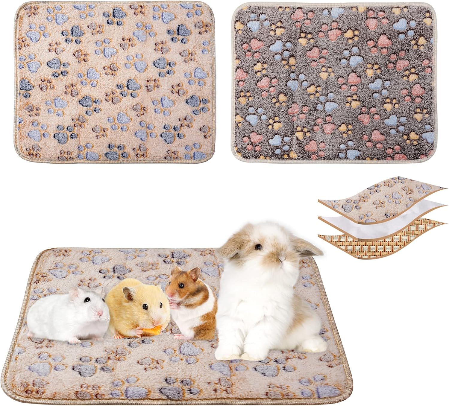 Guinea Pig Mat Bed 3 Layers, 2Pcs Guinea Pig Sleeping Pad Flannel Small Animal Mat Winter Summer for Baby…
