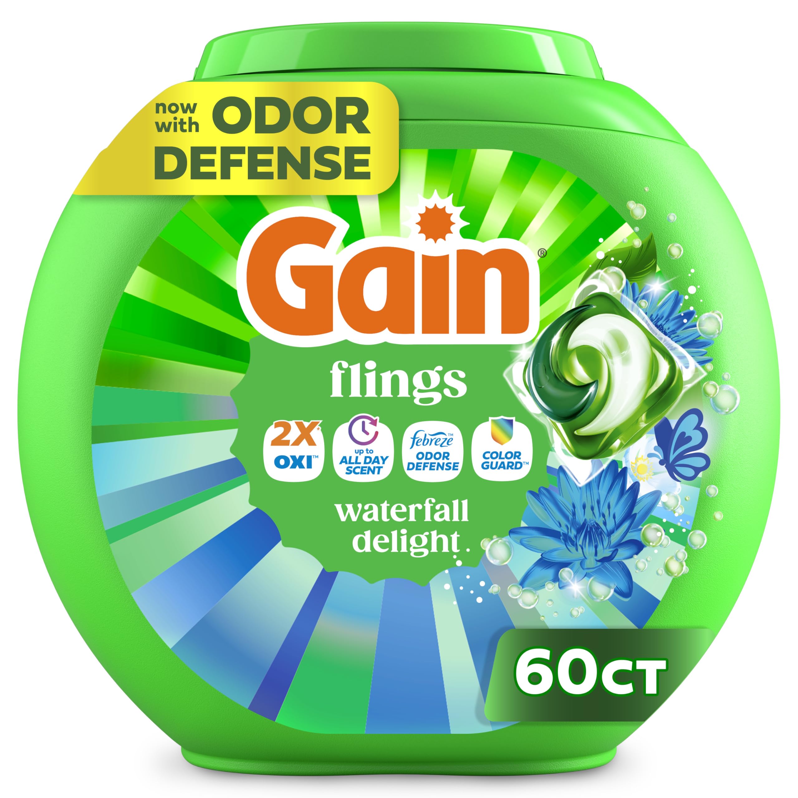 Gain Flings Liquid Washing Detergent Pacs, Now with Odor Defense + Color Guard, Waterfall Delight Scent, 4-In-1 Liquid Laundry Detergent Pods, clean &amp; fresh, 60 Count