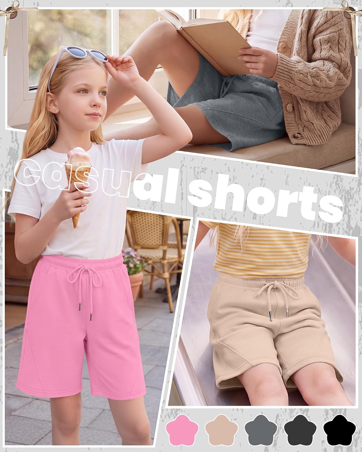 Yooo's Vivi 5 Pack Girls Bermuda Shorts Knee Length Shorts for Kids Athletic SweatShorts with Pockets Back to School