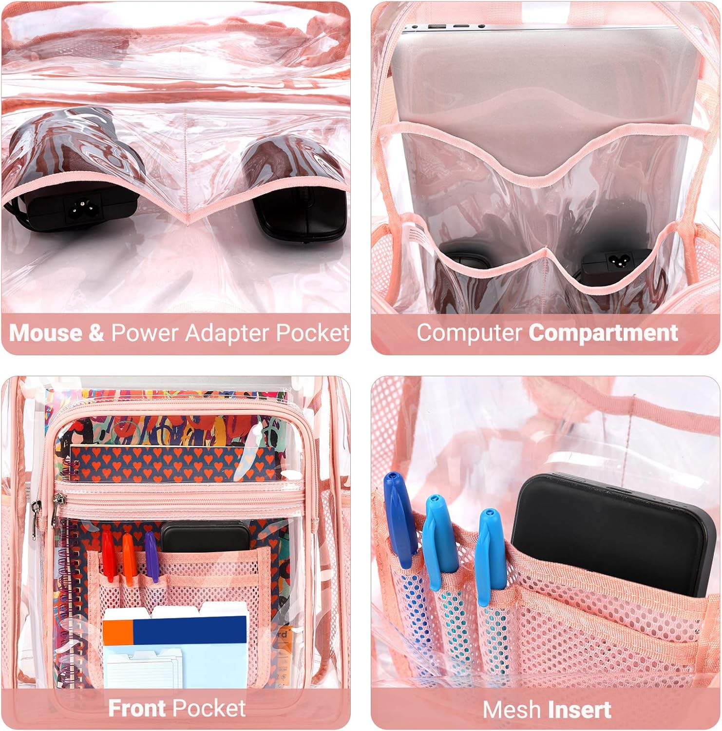 ZORFIN Clear Backpack Heavy Duty for School – 17in Transparent PVC Bag with Large Capacity & Reinforced Straps for Girls, Women - See Through Bookbag for College Workplace Security, Pink