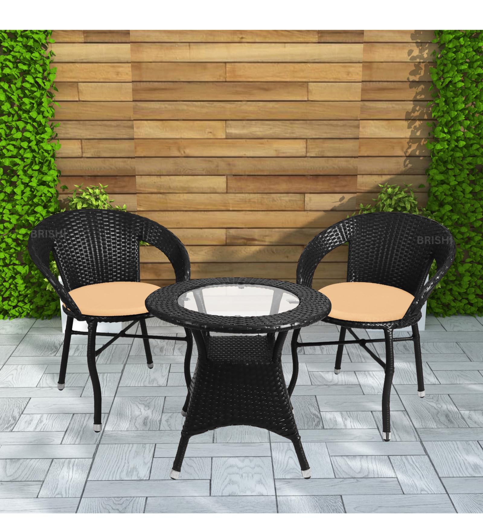 BRISHI 3-Piece Outdoor Rattan Wicker Patio Coffee Table Set with Cream Cushion | Garden Furniture for Balcony, Terrace, Porch & Poolside | Waterproof Bistro Sets for Home & Backyard (Black)-image-34