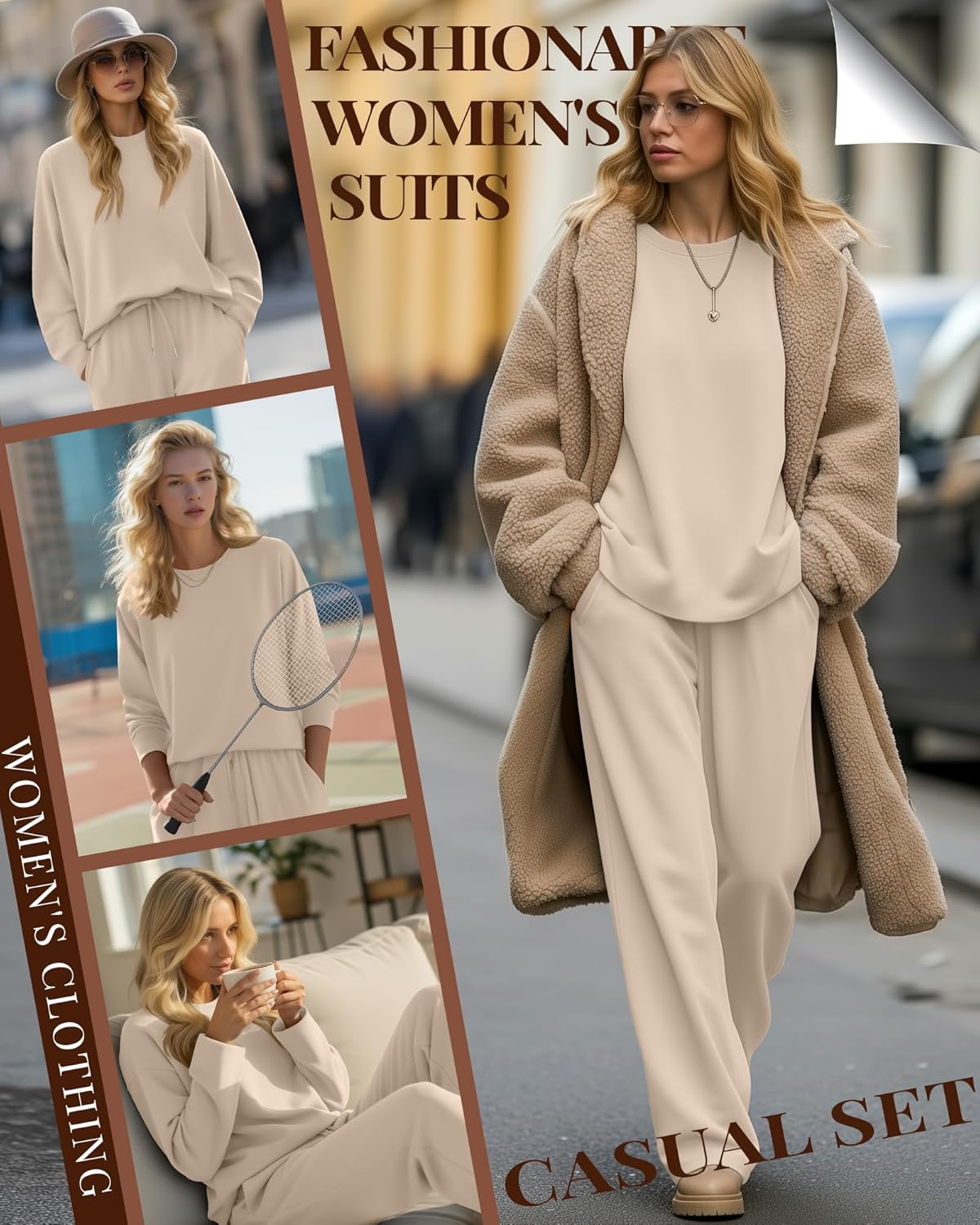 Women's 2 Piece Oversized Lounge Sets Long Sleeve Crew Neck Tracksuits Long Pant Drawstring Sweatsuits with Pockets(Apricot,Large) - Image 2