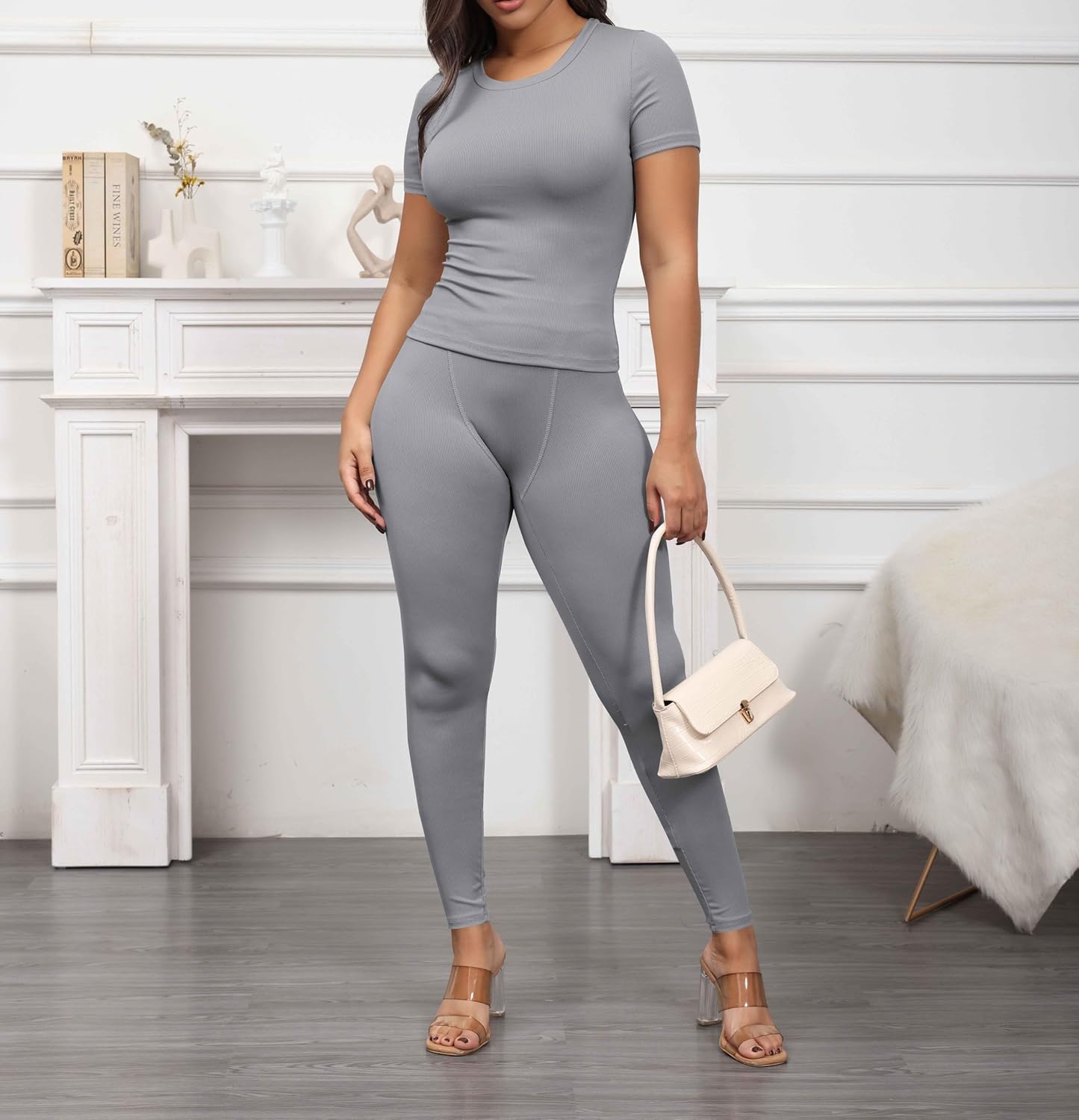 PINSV 2 Piece Sets for Women Summer Casual Jogger Workout Outfits Fitted Crew Neck T-shirt High Waist Legging Sets - Image 5