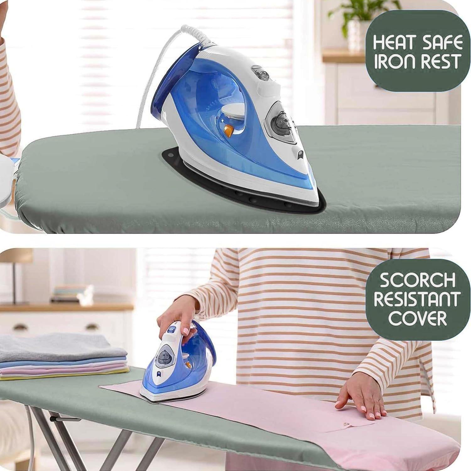 Hearth & Harbor Ironing Board Cover and Pad 15x54 Full Size, Thick Heavy Duty Scorch Resistant Padding Elastic Edge Hook & Loop Fastener, Iron Board Cover with Padding, Sage Green