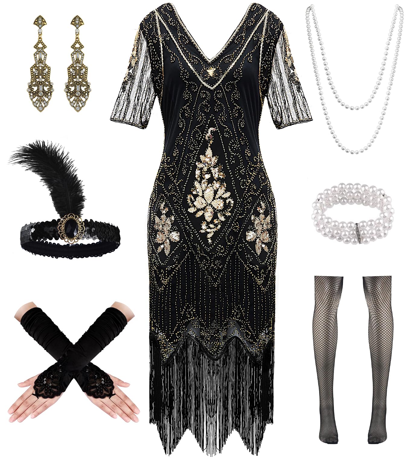 Disfraz de los años 20 Roaring 20s Charleston, vestido flapper con mangas finas lentejuelas perlas flecos vestido vestido de los años 20 accesorios vintage mafia disfraz mujer