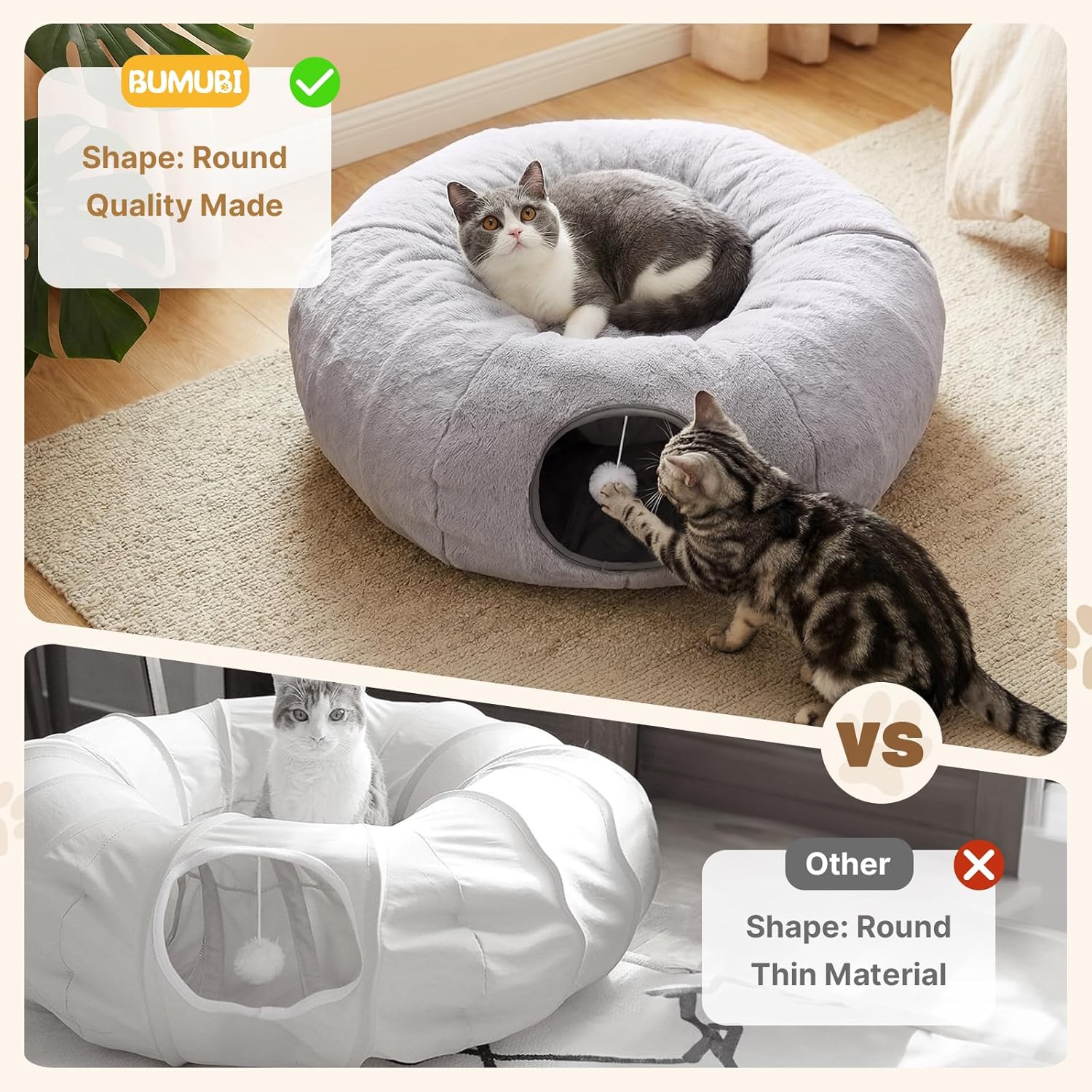 Cat Tunnel Bed for Indoor Cats, 31.5in Round Cat Tunnel for Small Cats, Cat Donut Tunnel with Washable Plush Mat, Collapsible Tunnel Hideplace for Kittens, Squirrels Grey