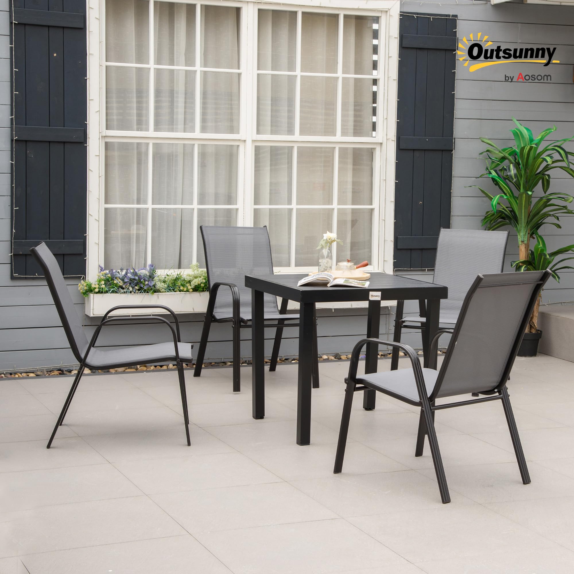 Outsunny Sillas de Jardín Exterior Apilables 54x75,5x95 cm Gris Oscuro | Juego de 4, Sillas Terraza Exterior, Sillón de Comedor, Tela Transpirable, Marco de Metal, Reposabrazos, Respaldo