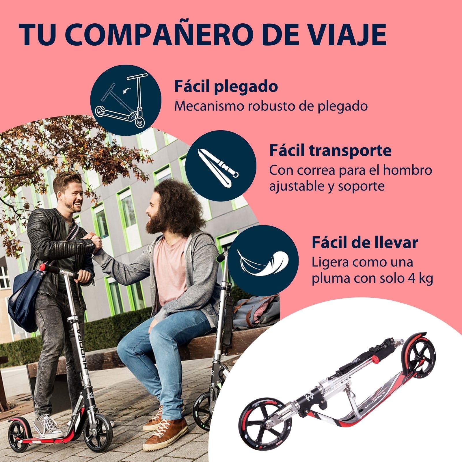 HUDORA BigWheel Scooter 205 Scooter Robusto de Aluminio Regulable en Altura y Plegable para Niños y Adultos hasta 100 kg