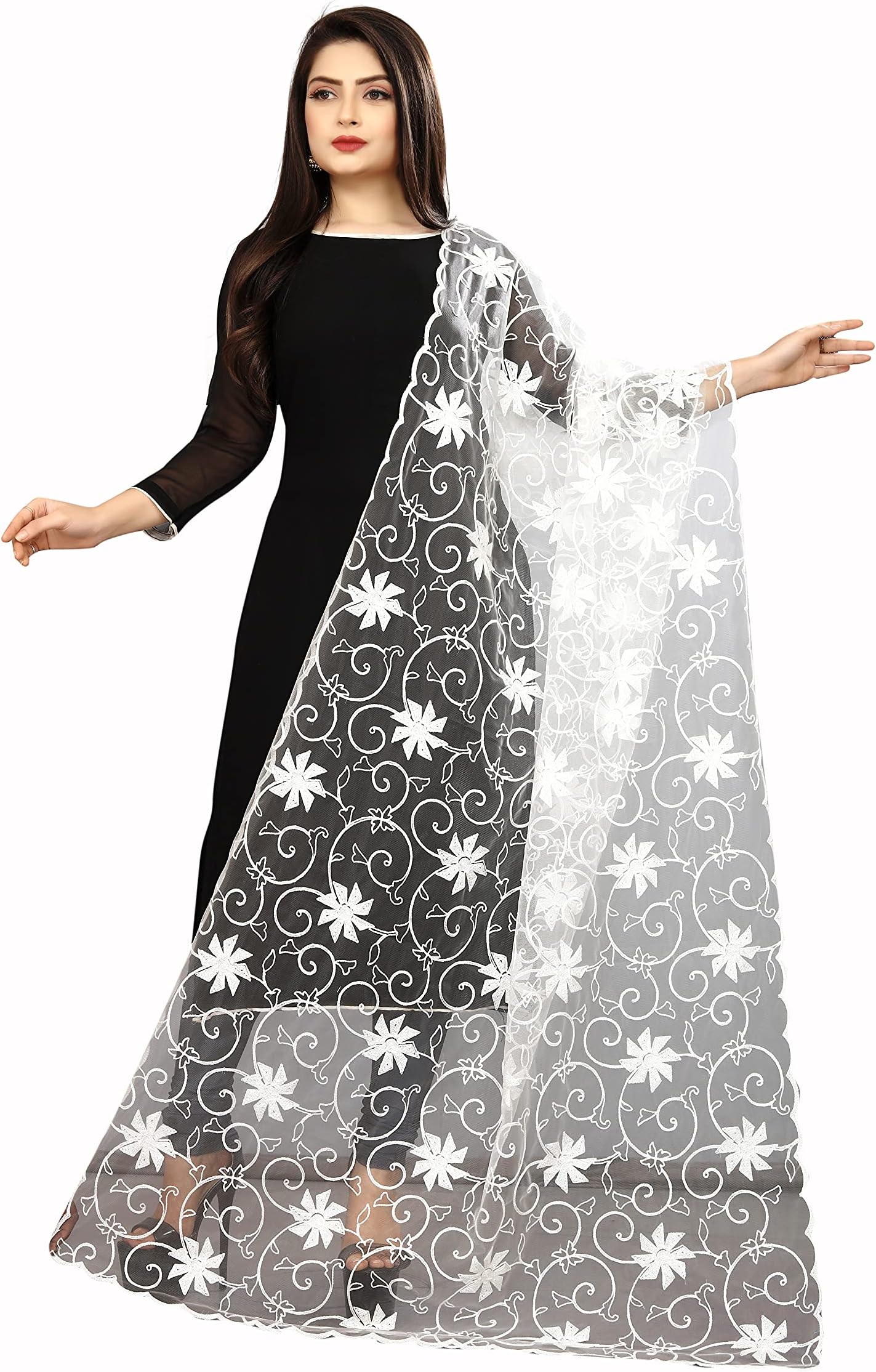 DESIGNER Women's Naylon Net Fancy Embroidered Dupatta For Women & Girls. (White-2)