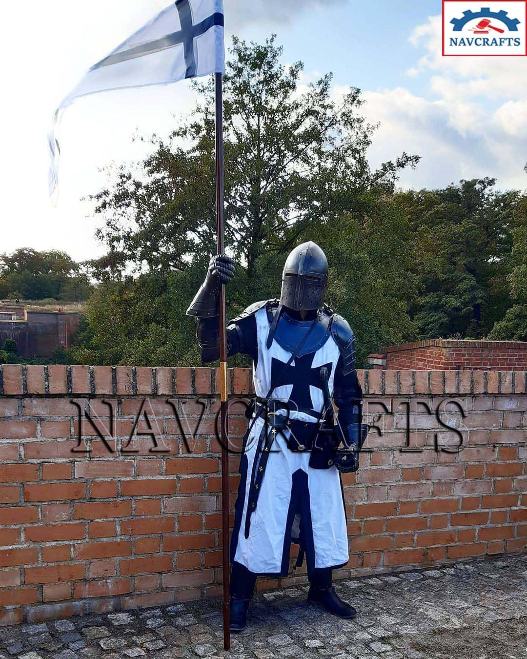 Templar Crusader Knight Costume with Black Cross Cloak | Medieval Full Body Armor Set for Adult Cosplay | LARP, Renaissance Faire, Halloween Party Outfit & Gift for Him