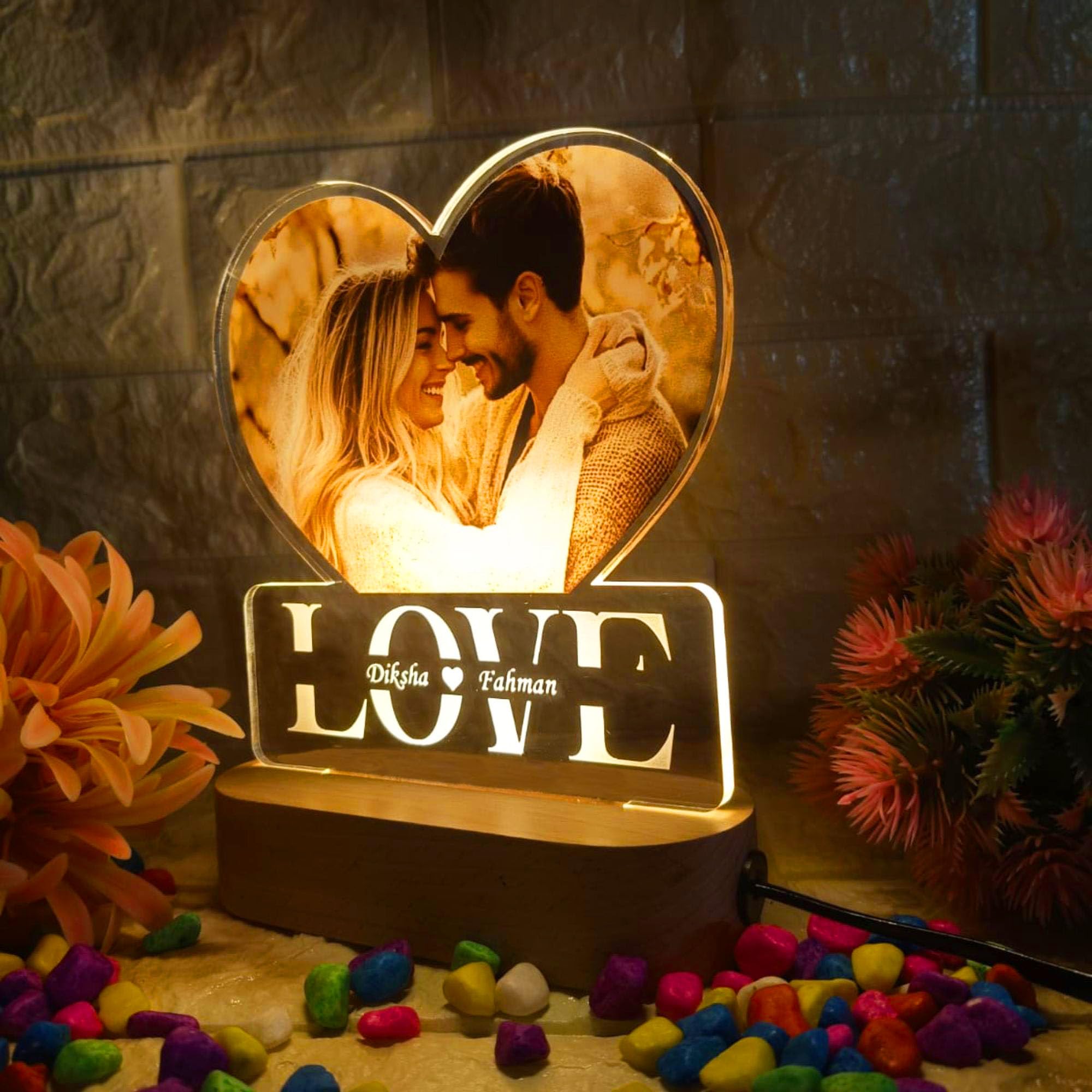 SHAYONA Personalized Warm White Color LED Table Lamp Name Engraving for Couple Gift for Anniversary, Wedding, Marriage, Valentine Day- Wooden Base Design (UVL 29) 4
