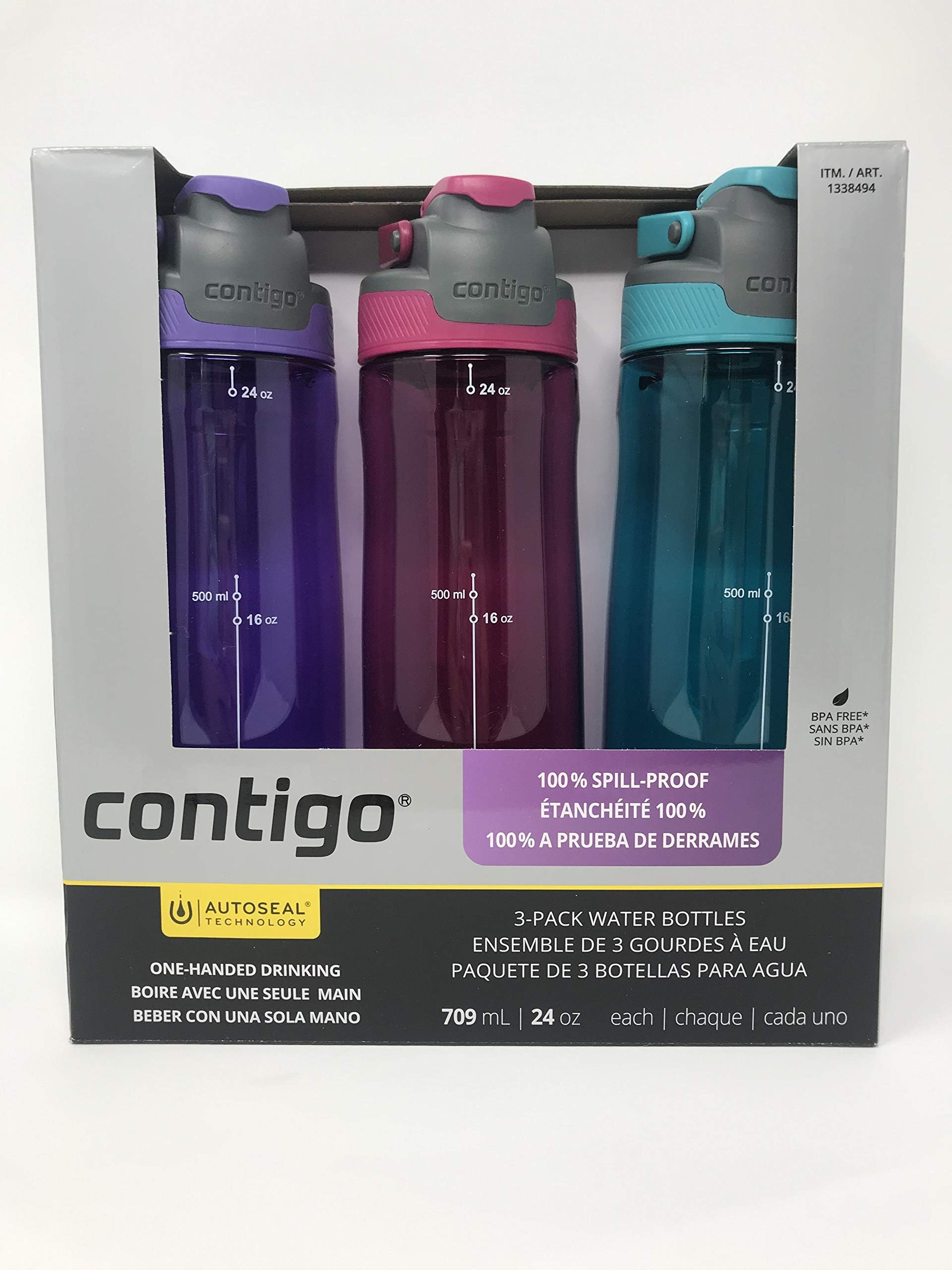 Auto Seal 3-Pack Water Bottles (Purple, Pink, Blue)
