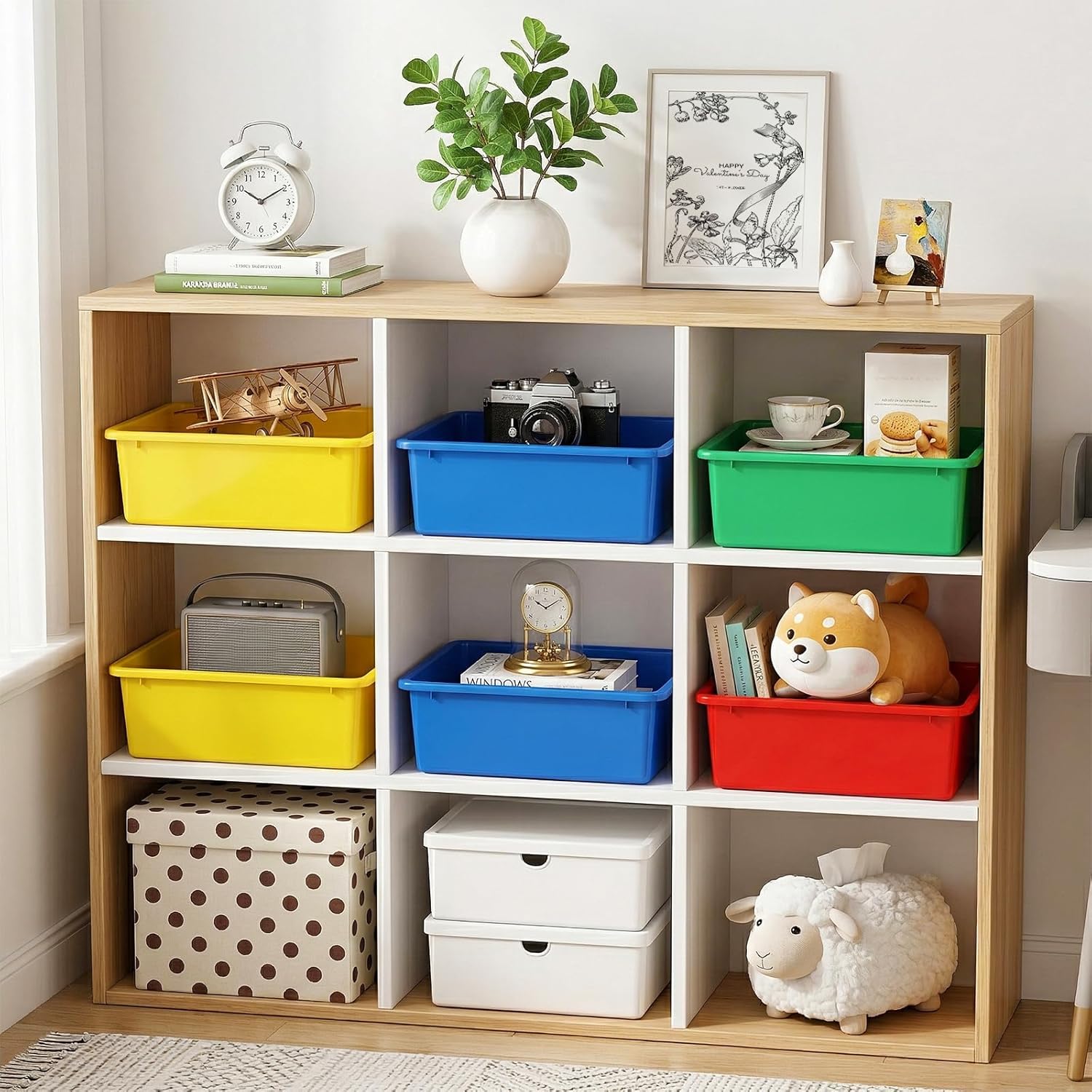 Nicunom 4 Pack Colorful Plastic Storage Bins, Large Classroom Bins Stackable Containers Toy Organizer Cubby Bin for Office, Playroom, Nursery, 15.5 x 11.5 x 5 in