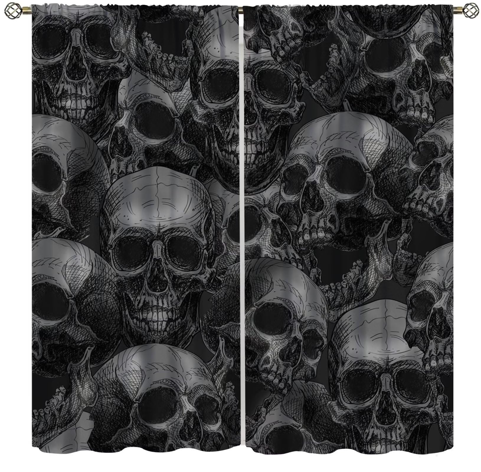 XBDDZSW Horror Skull Gothic Skeleton Wall Black Gray Halloween Decorative Curtains for Bedroom Living Room W42 * L45 Inch