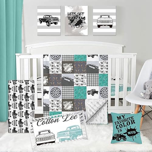 Juego de ropa de cama personalizado para cuna, juego de 5 piezas para cuna, manta con nombre personalizado con respaldo punteado para bebés niños y