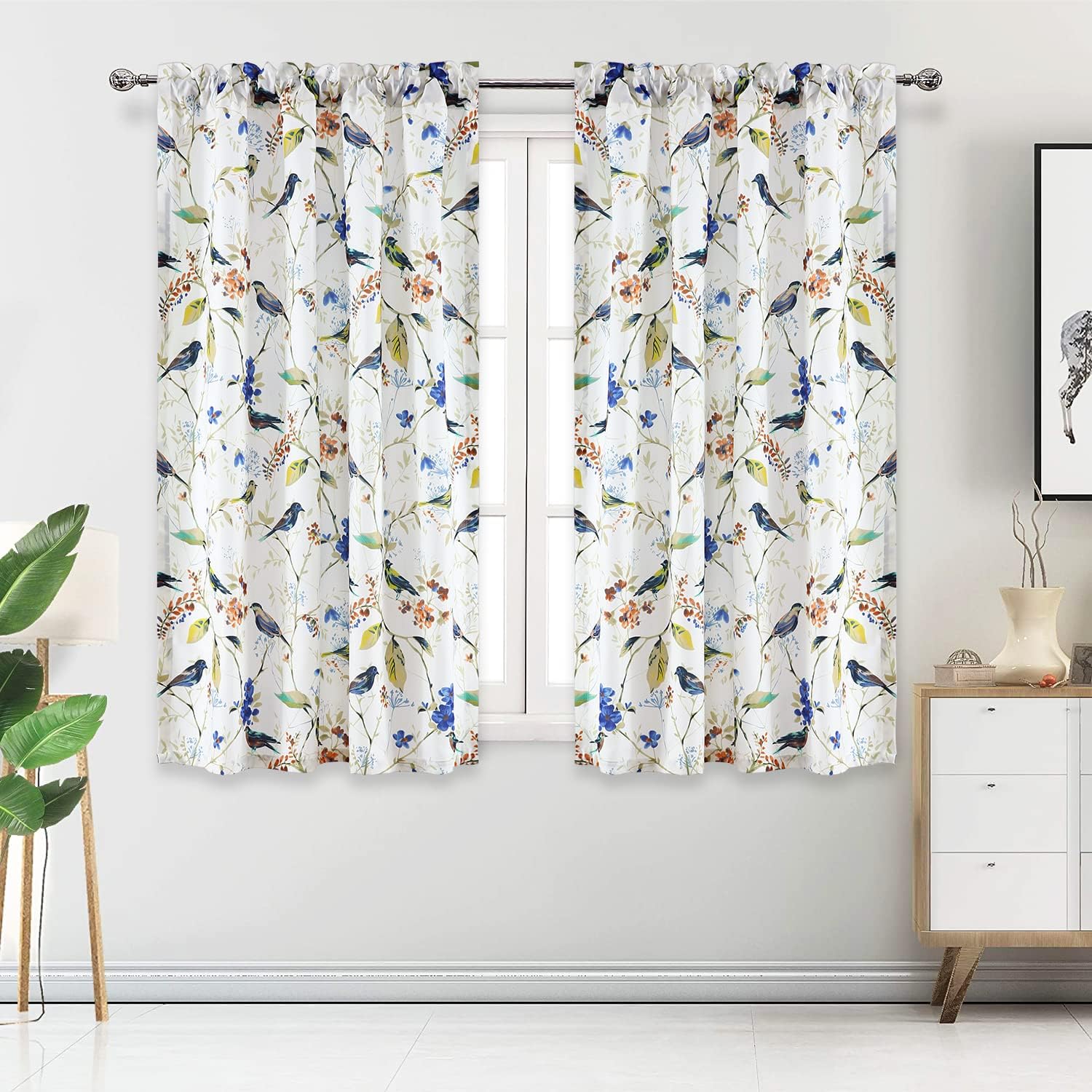 VOGOL Valance & Tier Curtains Set, Natural Birds and Flowers Printed Elegant Window Curtain Drapes for Living Room Bedroom Decoration
