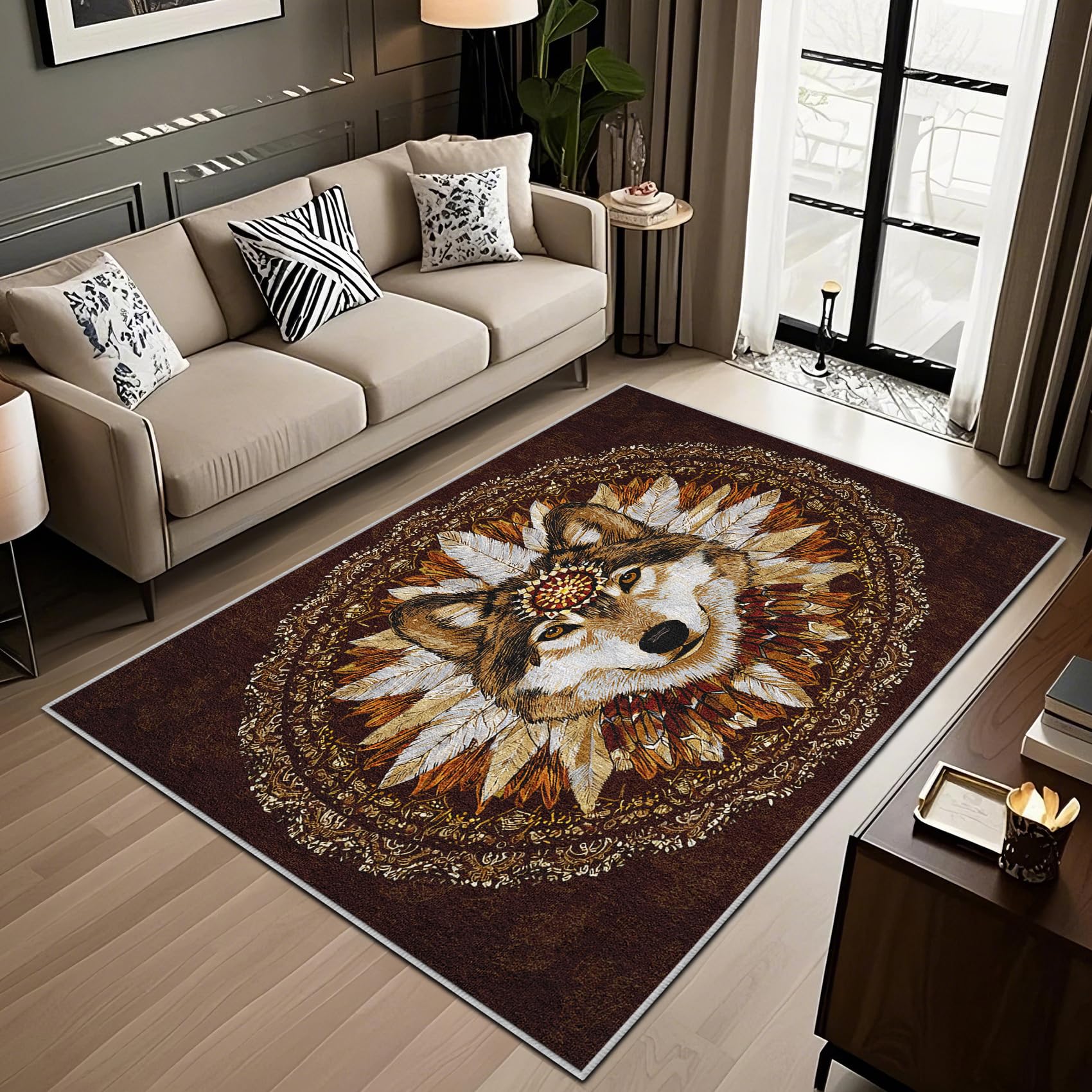 Tapis de salon loup tribal vintage 160x230 cm lavable et antidérapant