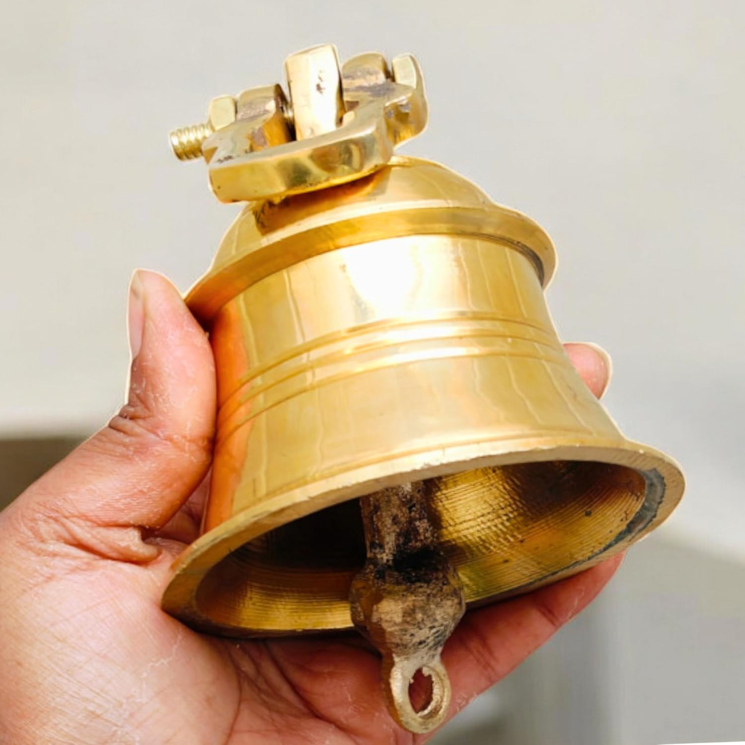 Solid Brass Hanging Temple Bell 5" inch – Antique Ship Ghanti for Home Mandir, Puja, Wall Decor, School, Reception, Dinner Bell – Vintage Indian Brass Bell (490g) for Door or Temple Use
