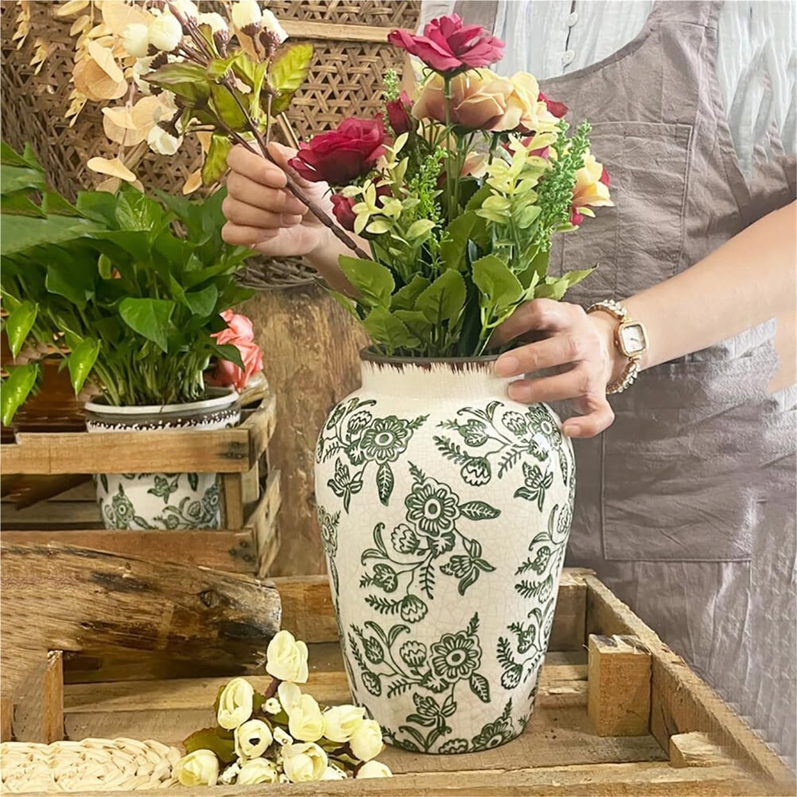 Wazony na kwiaty w stylu vintage, zielone ceramiczne wazony na kwiaty, rozbity wazon chinoiserie, doniczka ze szkła imbirowego, dekoracja stołu (A)