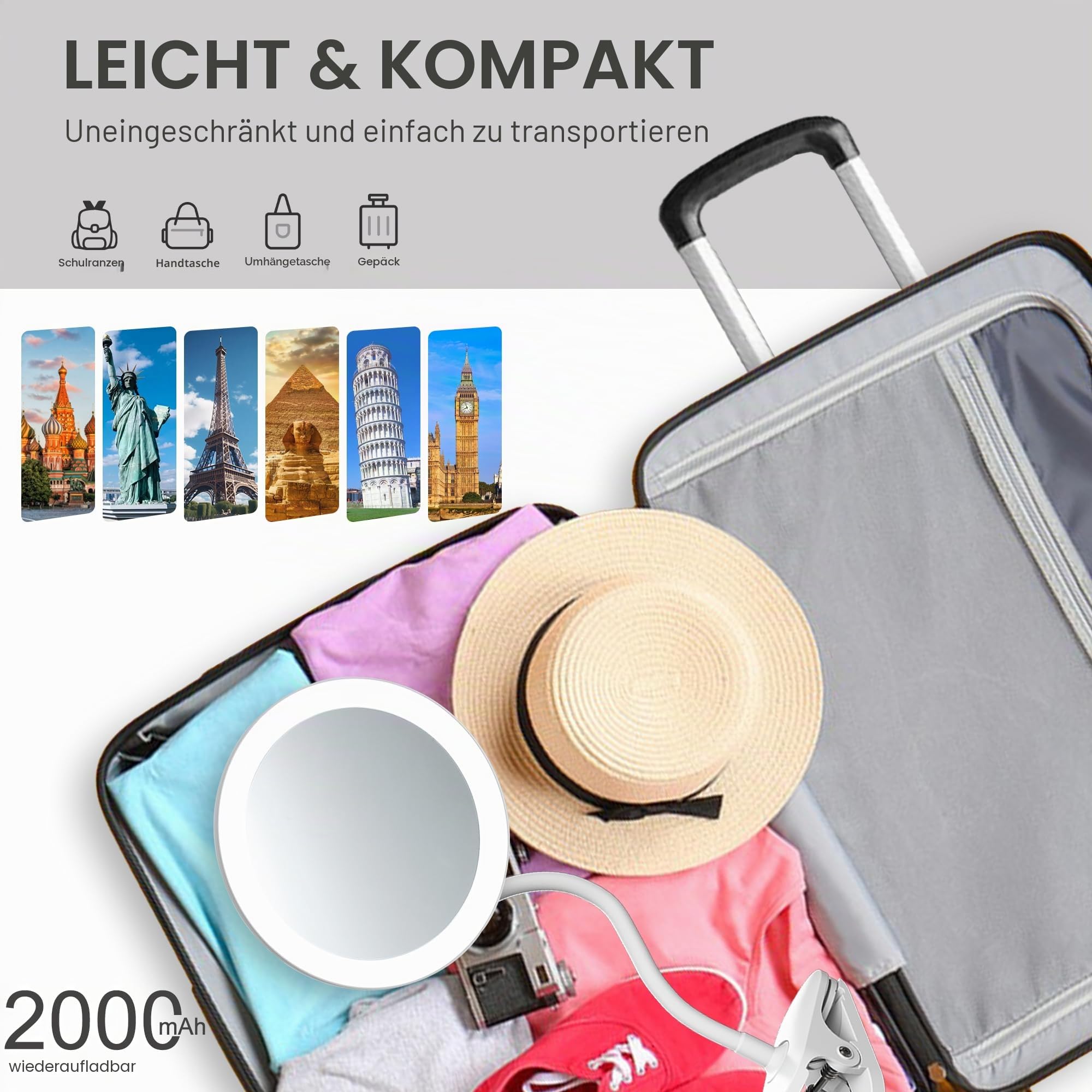 YNGTUOE 16,5 cm beleuchteter Clip-On-Schminkspiegel, Schwanenhals-Reisespiegel, 5-fache Vergrößerung, USB-Lade-Rasierspiegel für den Schreibtisch (weiß, 5-Fach)