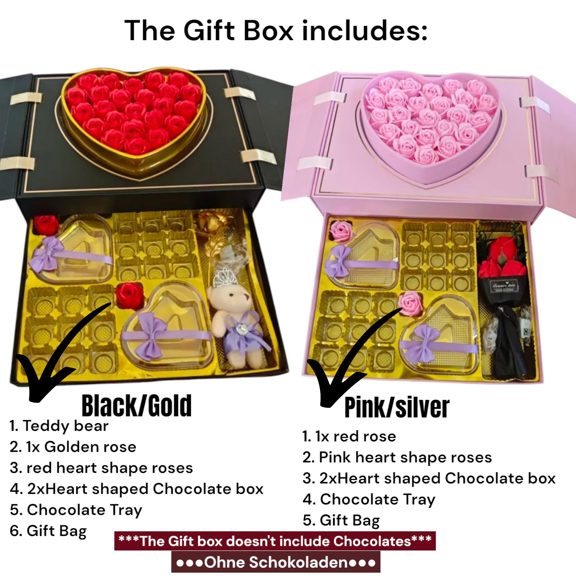 AlphaHeim® Geburtstag geschenk, Geschenkset mit Teddy, Kunstrose & Herz – Geschenkbox für Muttertag, Vatertag, Jahrestag, Valentinstag, Geschenk für Frauen, Männer Birthday Gift (Schwarz/Gold)