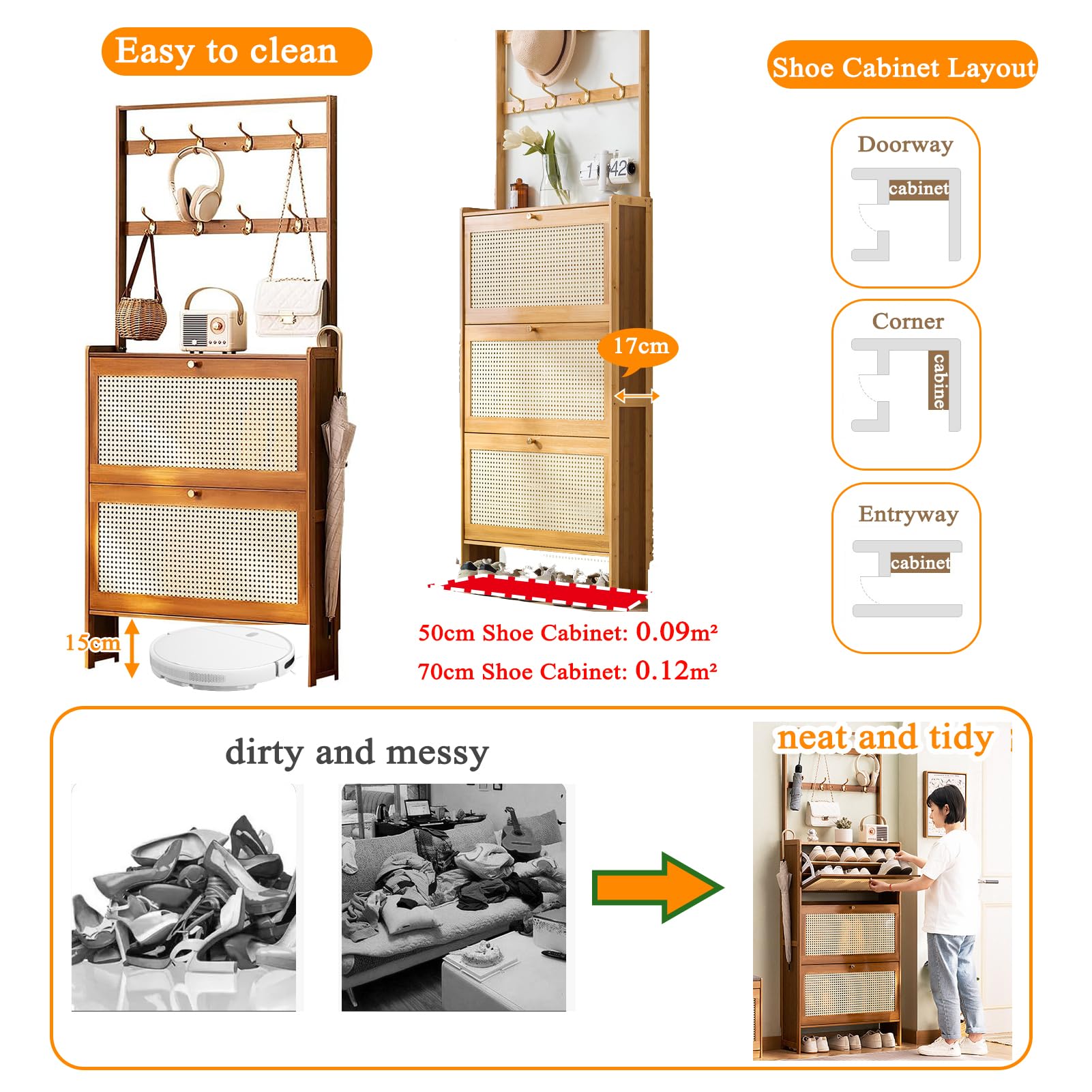 Zapatero de bambú con Puertas Zapatero Entrada recibidor Estrecho Mueble Zapatero recibidor Ratan Armario Zapatero para la Entrada Slim para Entrada Pasillo Sala De Estar 50×17×186cm