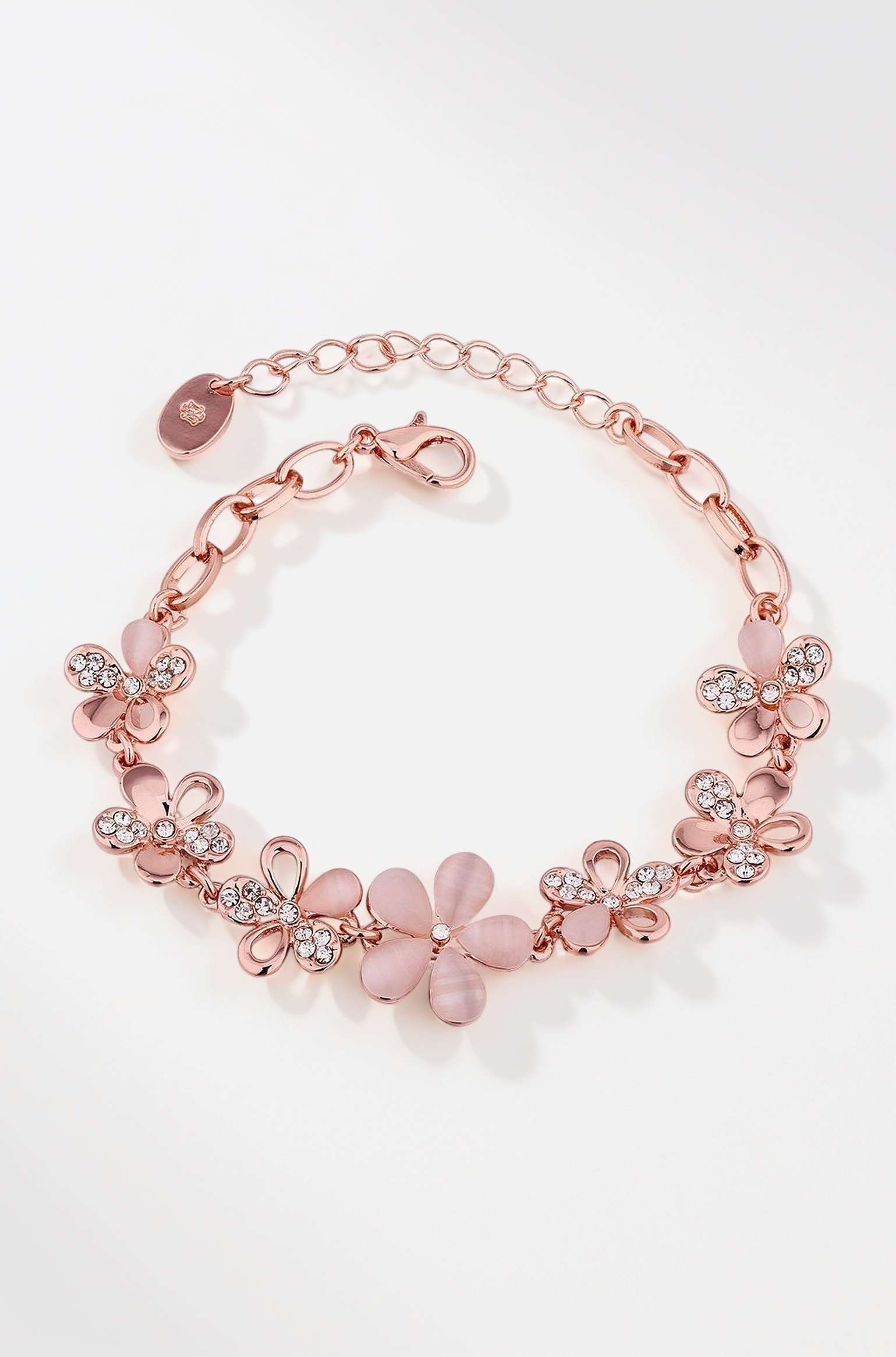 Rose Gold Plated Pink Flowers Link Chain Adjustable Size Charm Alloy Bracelet Decorated With Crystals for Girls & Women BROK1000009