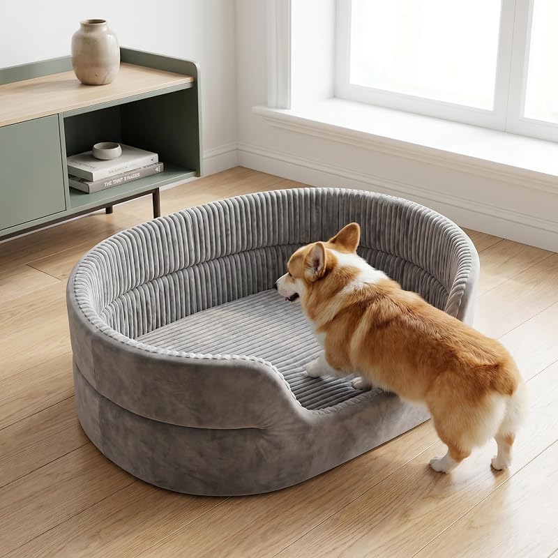 Cama para Cães e Gatos Grande em Veludo com Bordas Elevadas, Lavável à Máquina, Cinza – TailThrone 76,2 x 50,8 cm