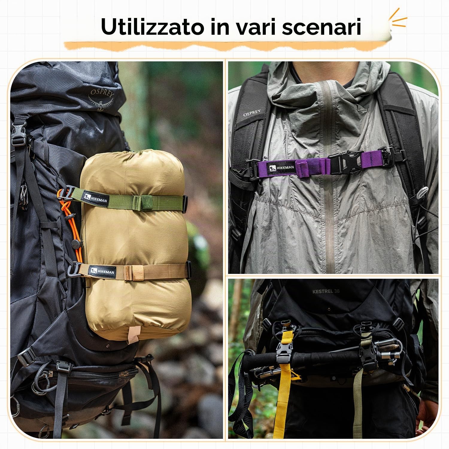 HIKEMAN Sistema tattico Rush a gradini – cinghie per zaino MOLLE regolabili, cinghie di fissaggio con clip a fibbia, cinghia da compressione per fasci all'aperto, modulo di espansione, accessori