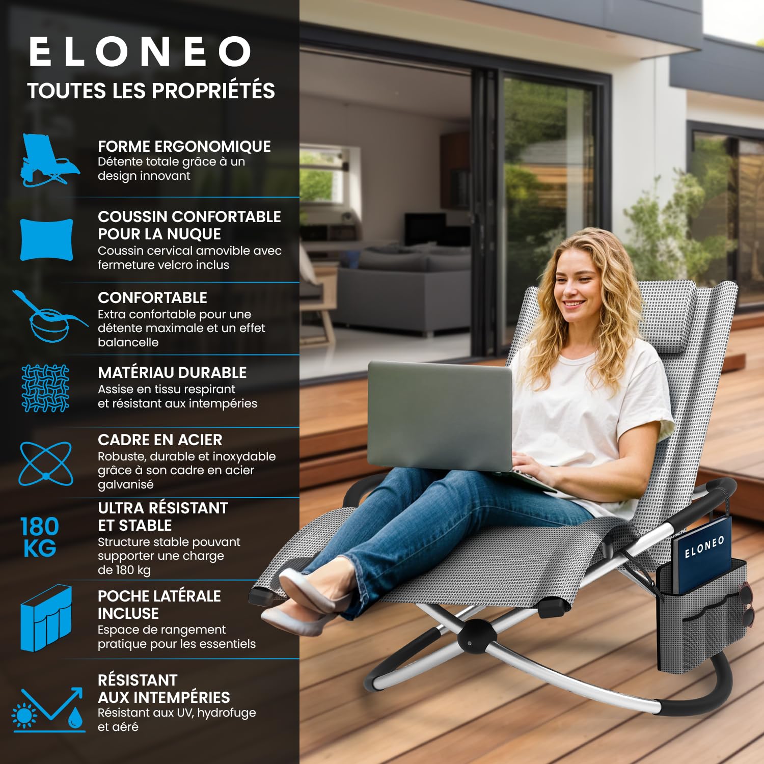 ELONEO Chaise Longue à Bascule Extérieure avec Pochette, Relax Fauteuil Jusqu’à 180 kg, Transat Bascule Jardin Résistant aux Intempéries, Bain de Soleil Balcon et Terrasse, à Carreaux Gris