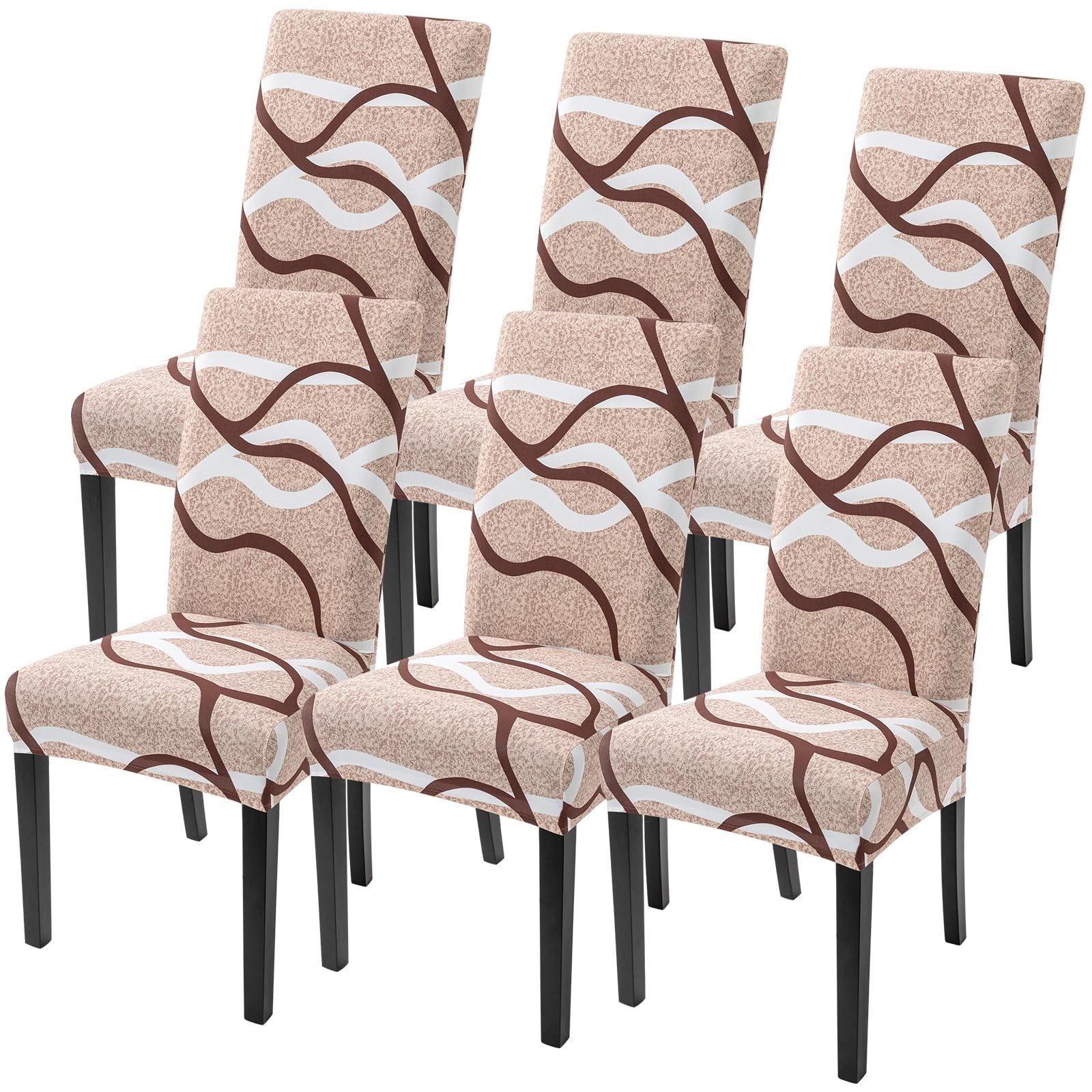 SearchI Dining Room Chair Covers Set of 6, Stretch Printed Parsons Chair Slipcovers Super Fit Spandex Removable Washable Kitchen Chair Protector Cover for Dining Room, Hotel, Ceremony (Khaki)