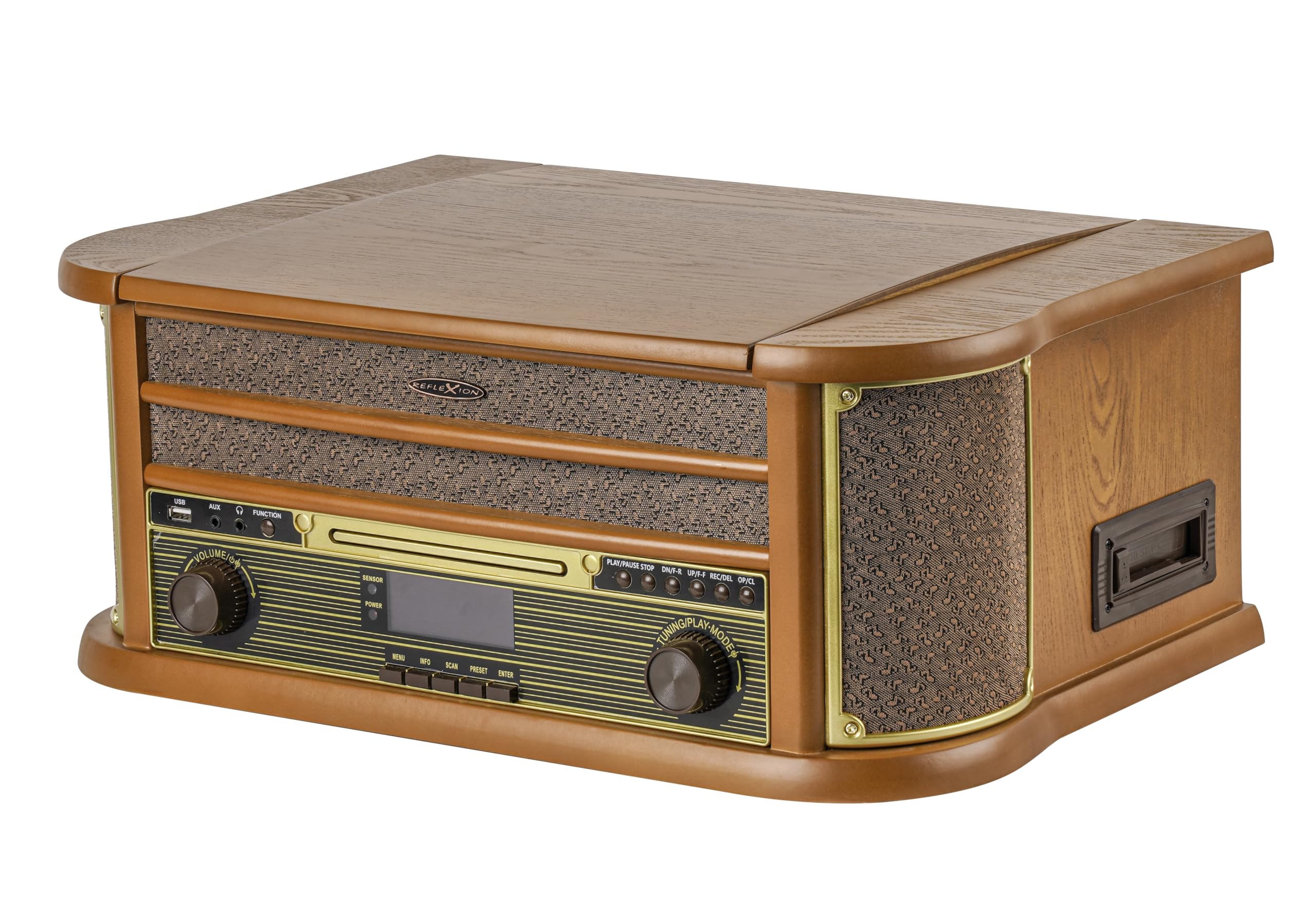 Reflexion HIF2002 Système stéréo rétro avec Platine Disque, Cassette, Lecteur CD et Radio Dab, Dab+, FM/MW, MP3, USB, écran LCD, télécommande, 80 W, boîtier en Bois véritable, Marron