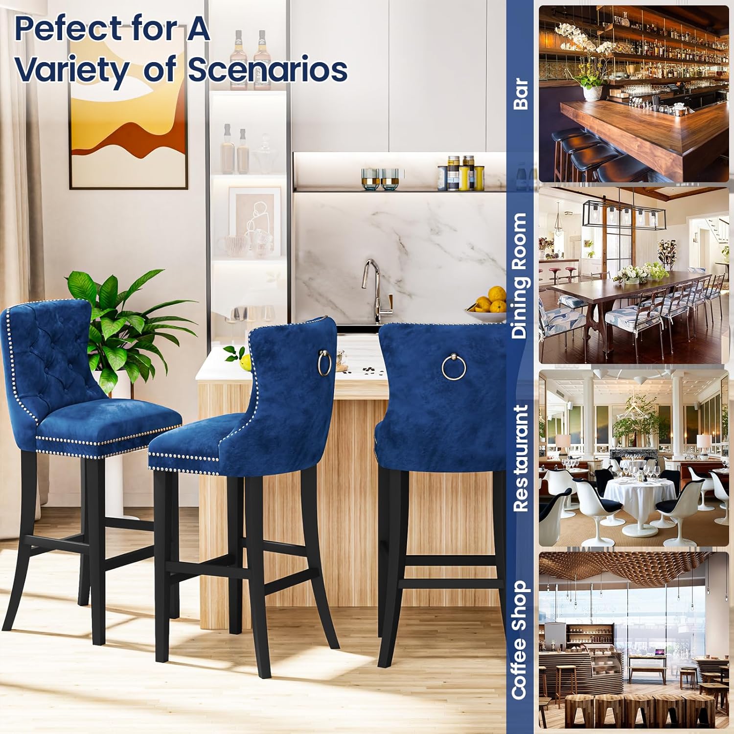 Recaceik Counter Height Bar Stools Set of 4,Modern Velvet Bar Stools with Back,Upholstered 27" H Barstools for Island Counter Stools with Rivet for Kitchen Counter,Home Bar,Dining Roomm(Blue)