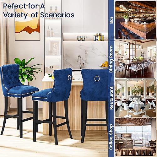 Miniatura 8 de Recaceik Juego de 2 taburetes de bar de terciopelo con altura de mostrador, taburetes de bar tapizados con respaldo, taburete de cocina de 27