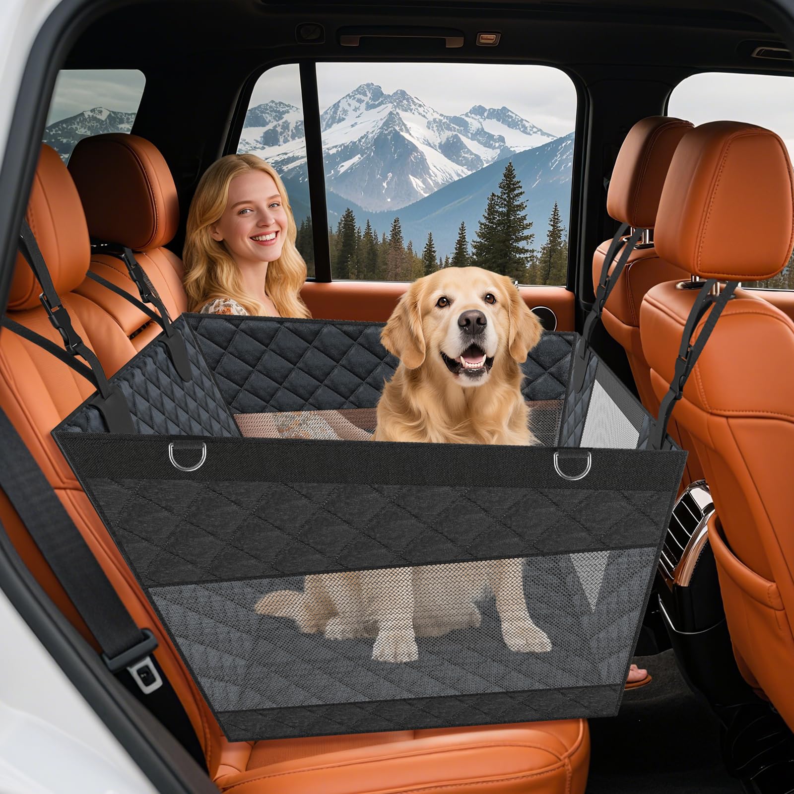 Large Dog Car Seat - Waterproof PU Dog Back Seat Cover with 3 Mesh Windows - Hard Bottom Extender, Safety Belt, Non-Slip Hammock for SUV, Truck, Car