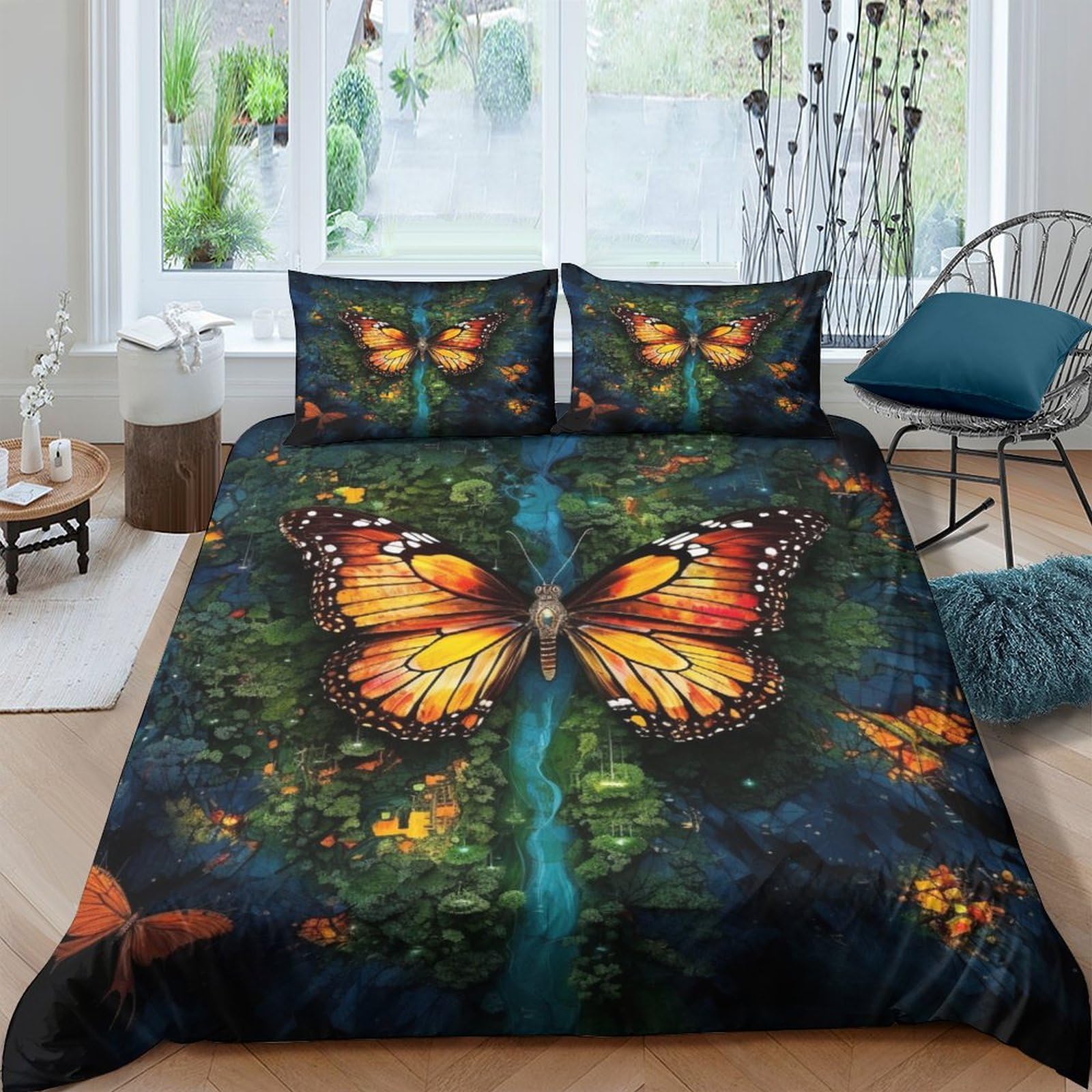 Housse de couette papillon 3D parure de lit king 220x240cm microfibre avec taies d'oreiller