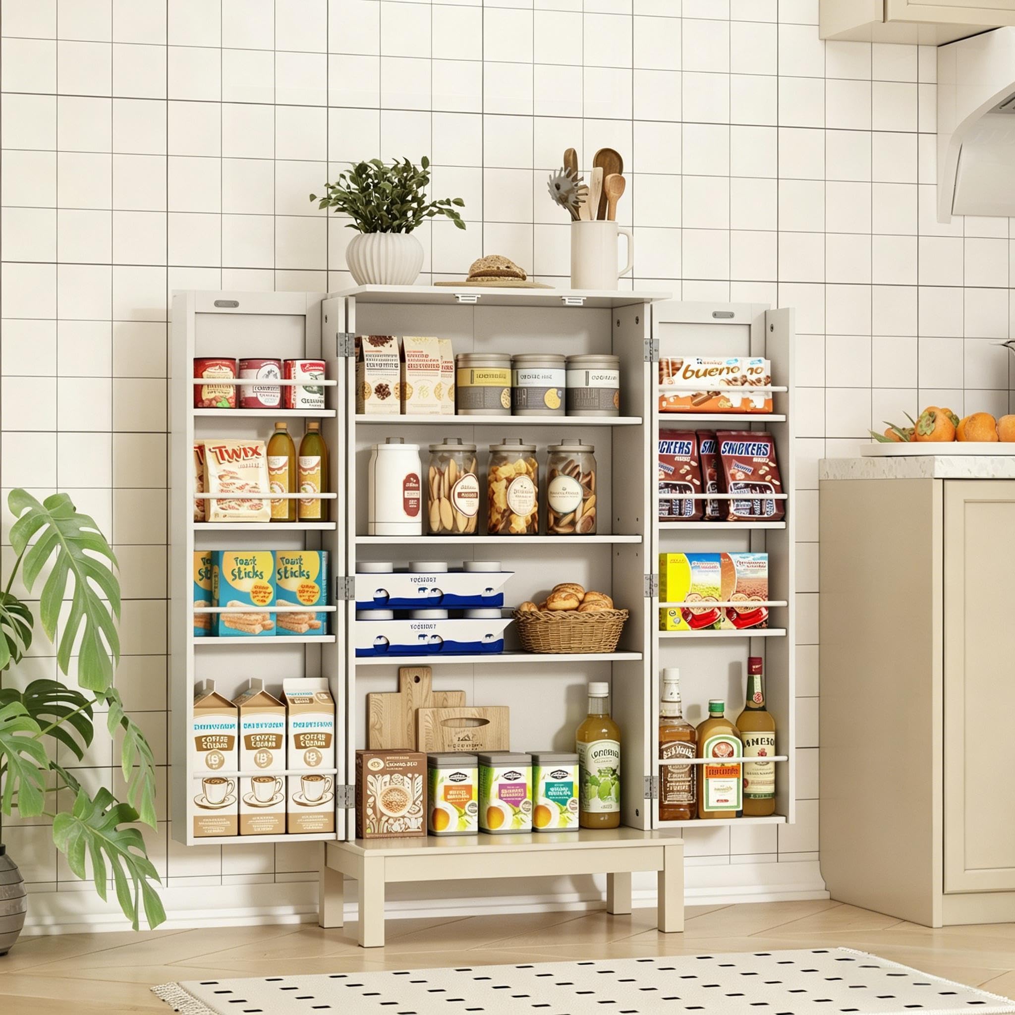 HOLTICO Dispensa da Cucina con Ripiani Regolabili, Piedini Dorati e Ante Decorate, Armadietto Autoportante per Soggiorno, Camera da Letto, Bagno, Sala Pranzo e Garage, Avorio Naturale Senza Dorature