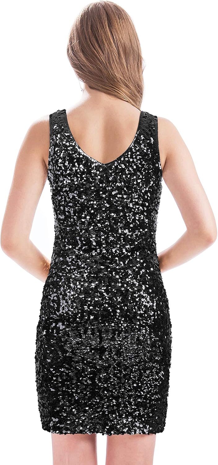 MANER Women's Sequin Dress Sparkly Glitter V-Neck Sleeveless Party Club Cocktail Tank Dress - Image 2