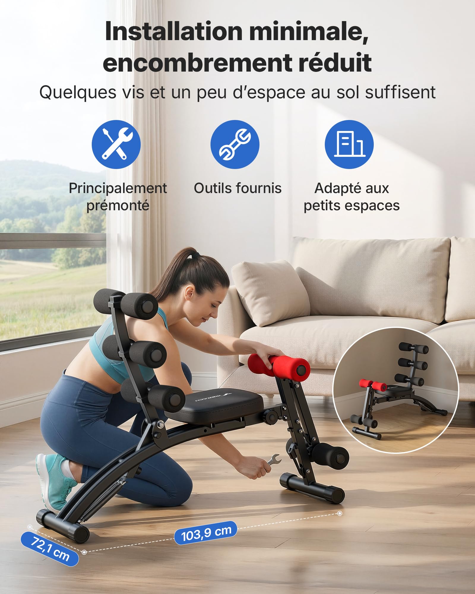 MERACH Machine d'Abdos, Banc de Sit-Up Réglable, Machine d'Abdominaux pour Home Gym pour Taille Abdos Hanches Jambes, Max 136KG, pour Sit-Up/Vélo Aérien/Torsion Abdominale/Relevé de Jambes etc.
