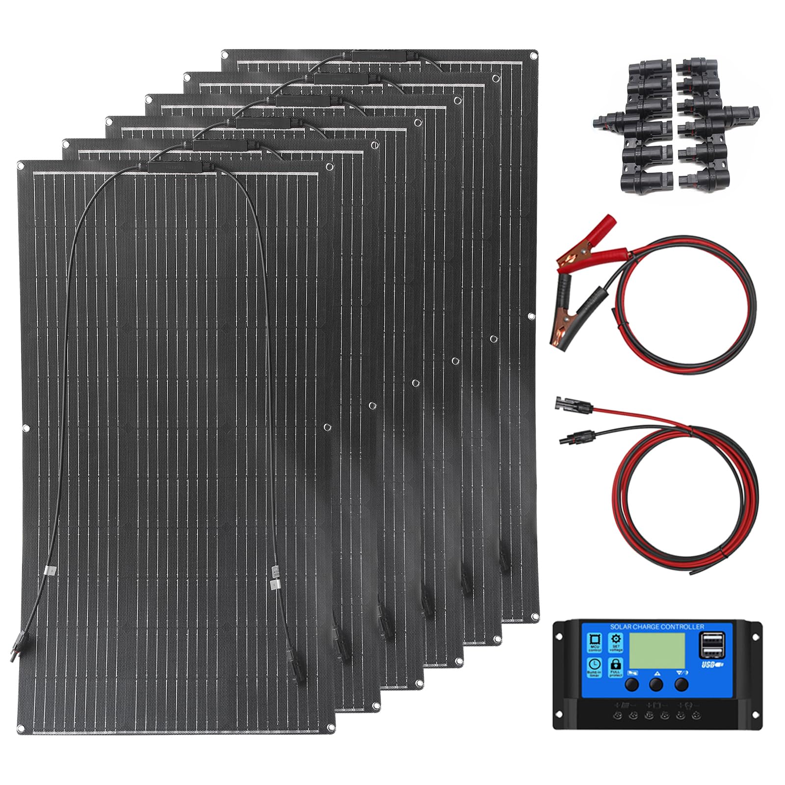 600W ETFE Zestaw elastyczny panel słoneczny 6 szt 100W 12V panel solarny Monokrystaliczny fotowoltaiczny, z kontrolerem ładowania 60A do RV,jachtu, kamper,łodzi, kemping, kabiny,balkonowe