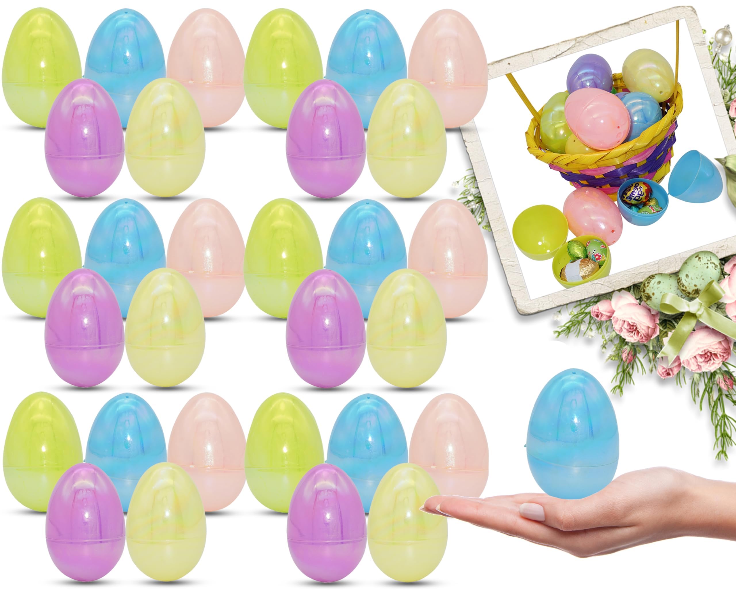 HOVUK 30PCs Iridescent Plastic Easter Eggs 3"/7.7cm - Large Empty Colorful Eggs Bulk Fillable for Easter Hunt Party Favor Basket Stuffers Filler Classroom Prize