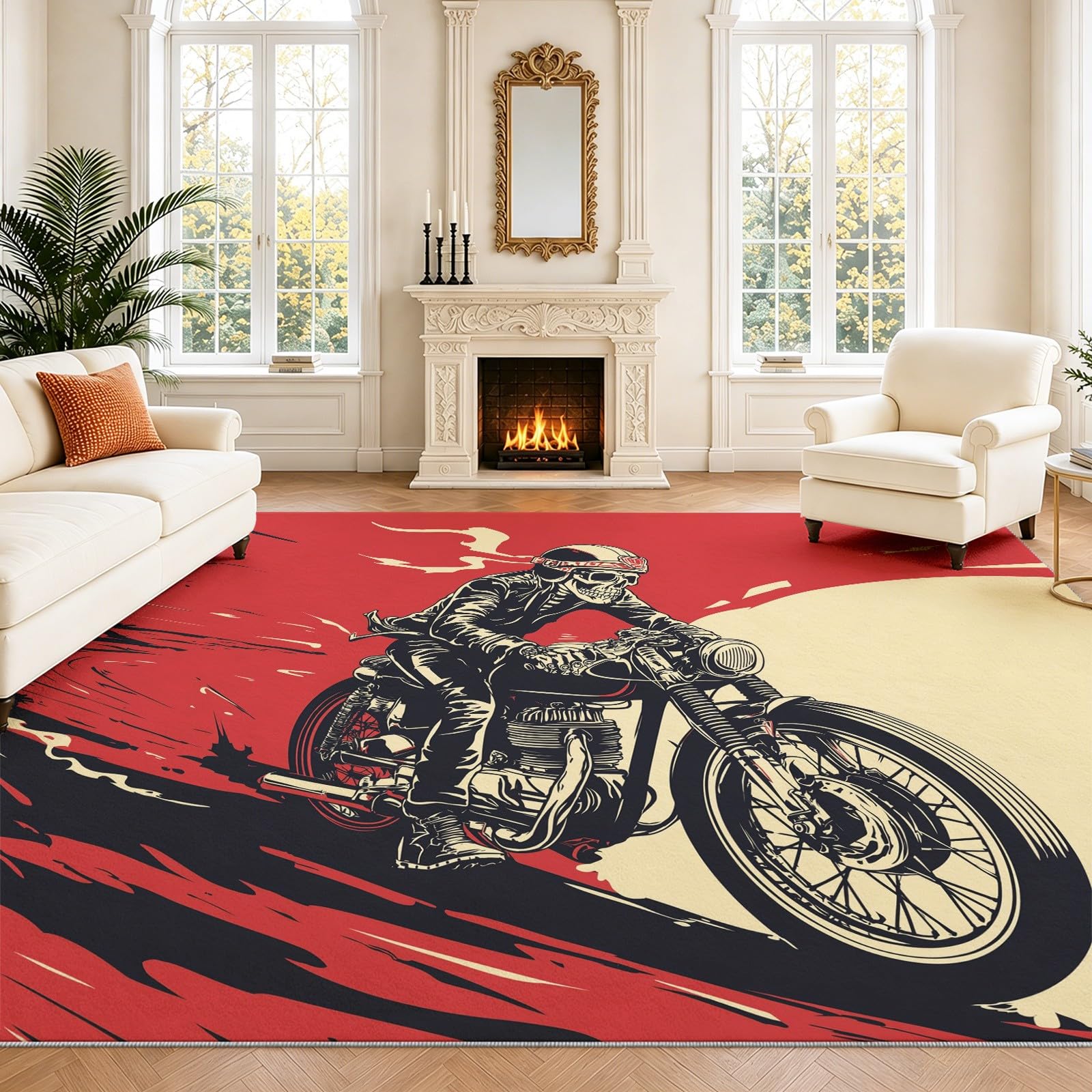 Generisch Nadający się do prania dywan, komiks, motocykl, 120 x 160 cm, dynamiczny trupia czaszka, motocykl, do salonu, miękki, antypoślizgowy, z krótkim włosiem, do sypialni, jadalni